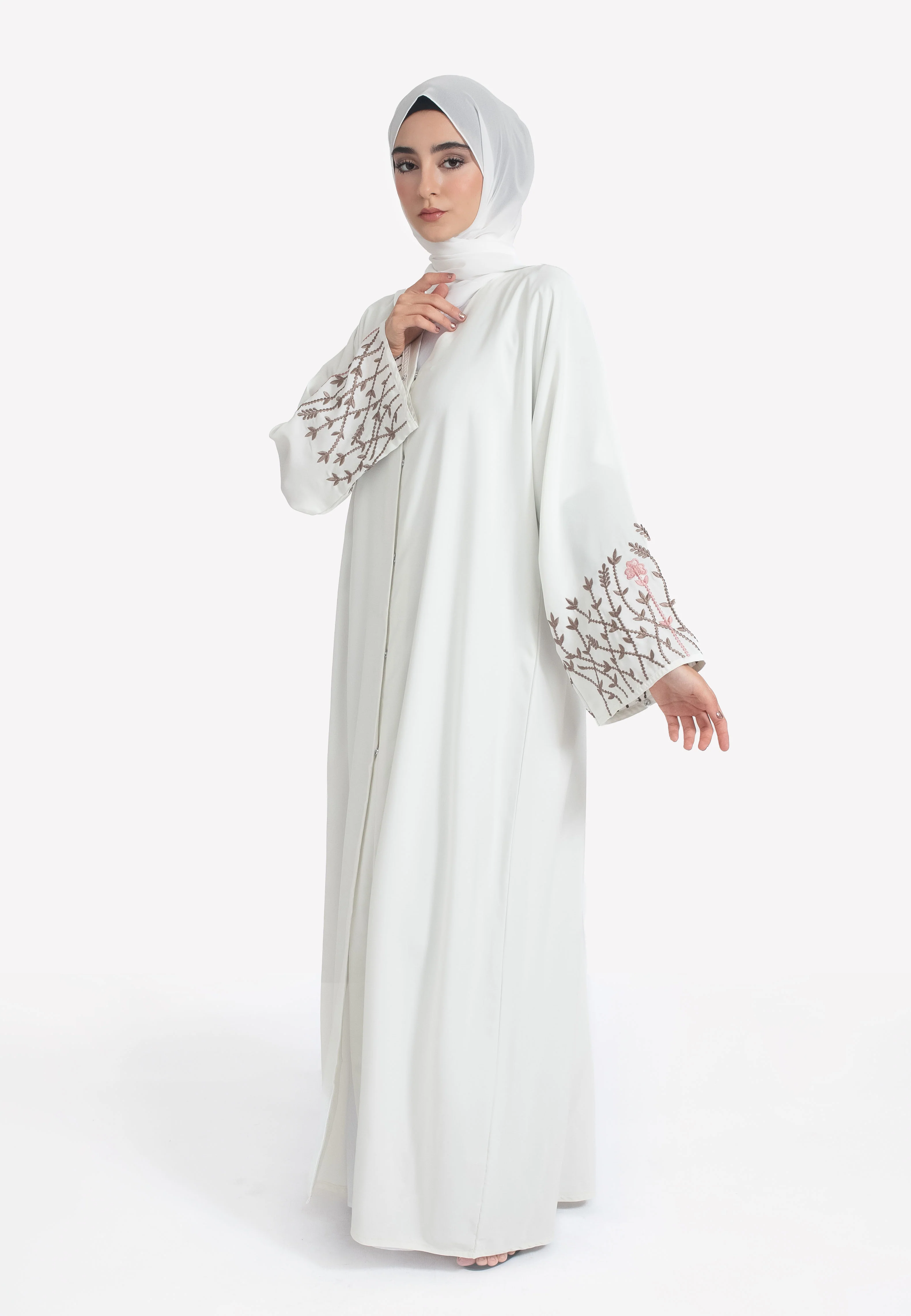 Ivory Blossom Embroidered Open Abaya - Hayah Al-Muslimah