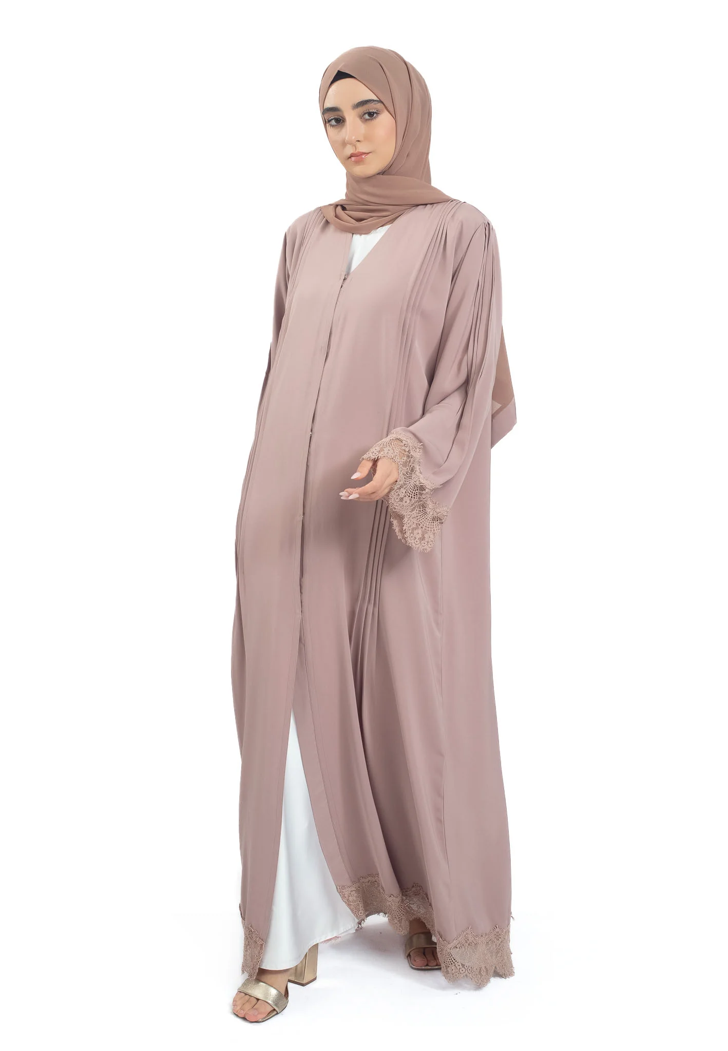Premium Cafe Au Lait Open Abaya with Intricate Detailing - Hayah Al-Muslimah