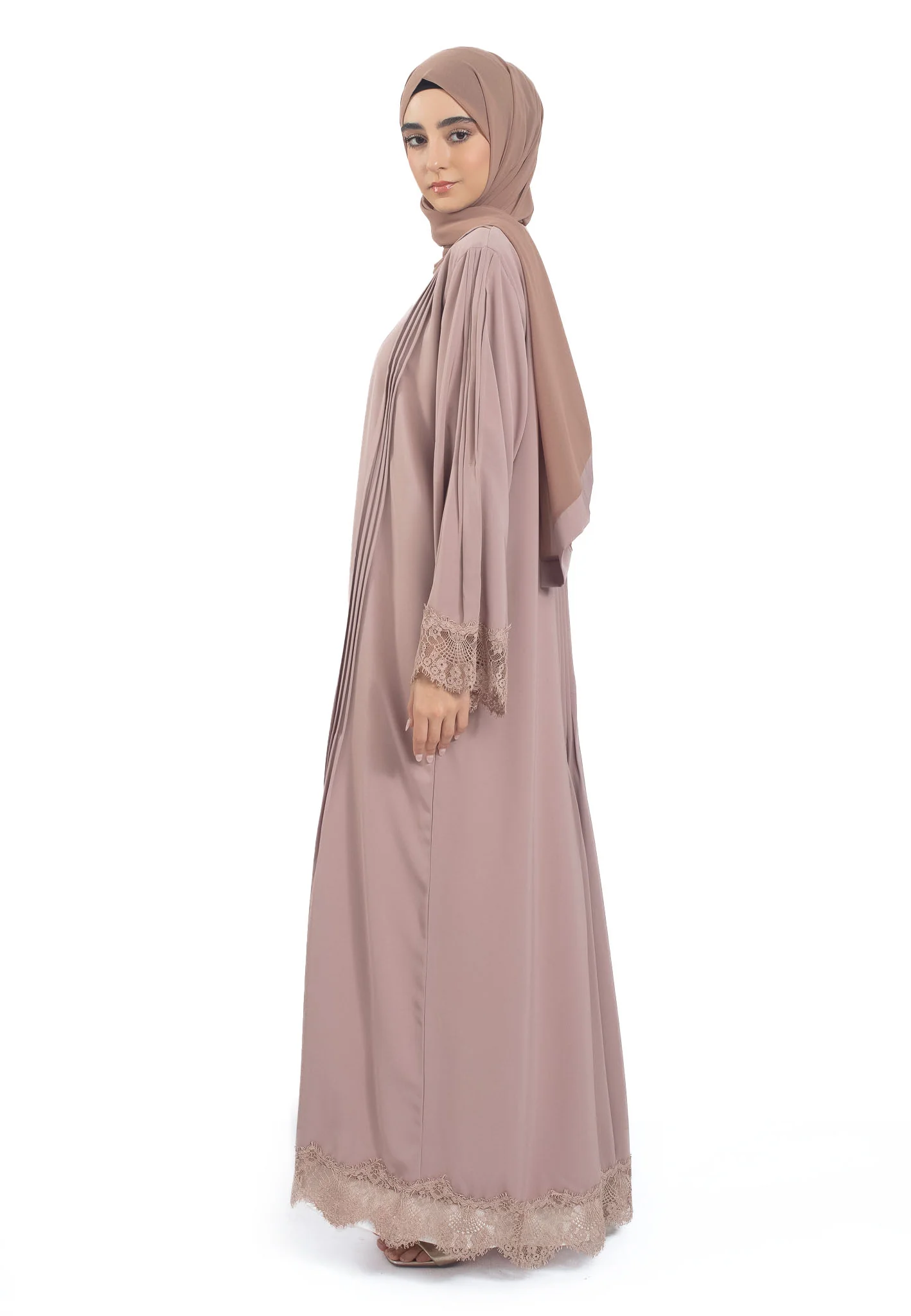 Premium Cafe Au Lait Open Abaya with Intricate Detailing - Hayah Al-Muslimah