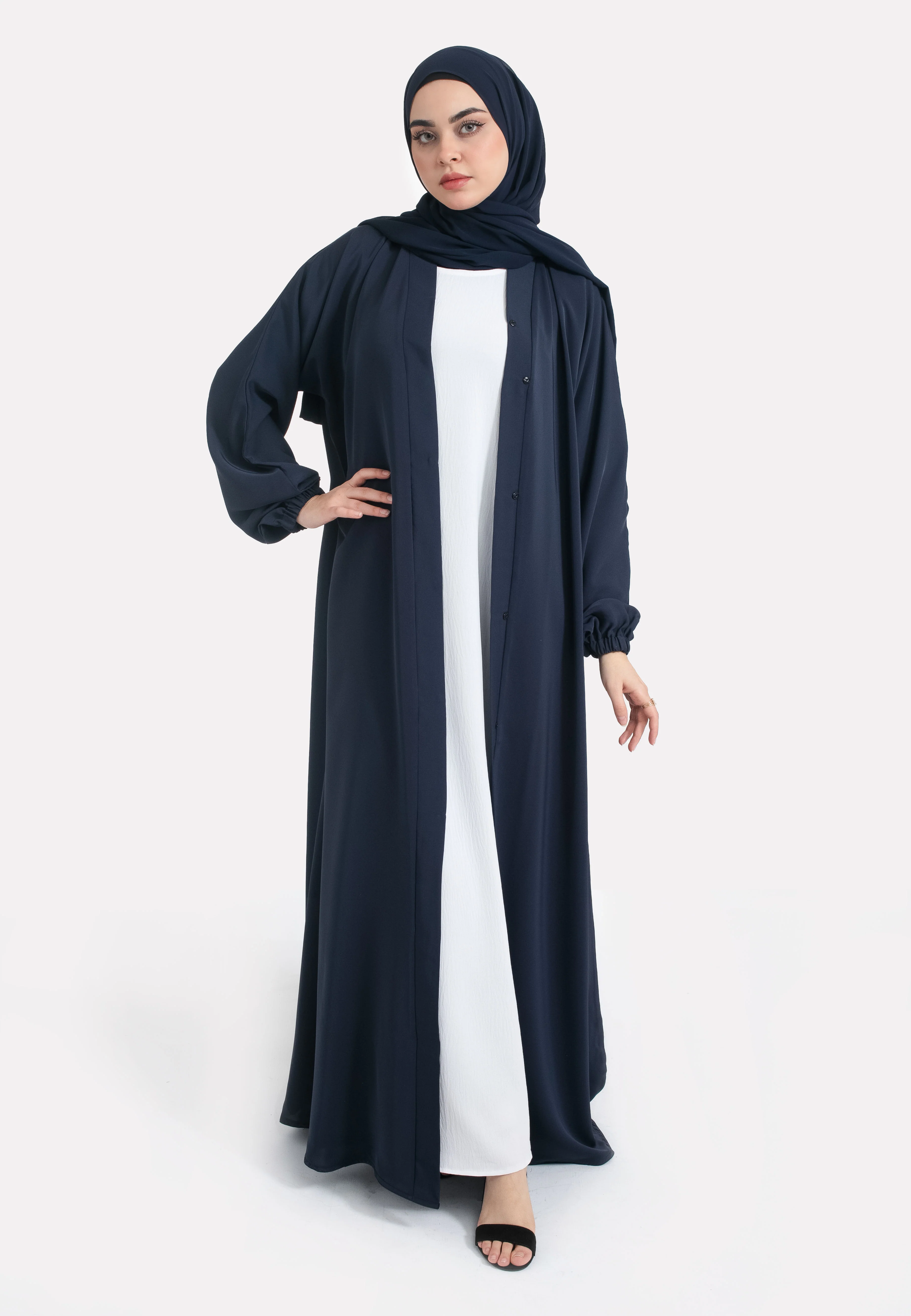 Plain Navy Open Abaya With Elasticated Cuff Sleeves - Hayah Al-Muslimah