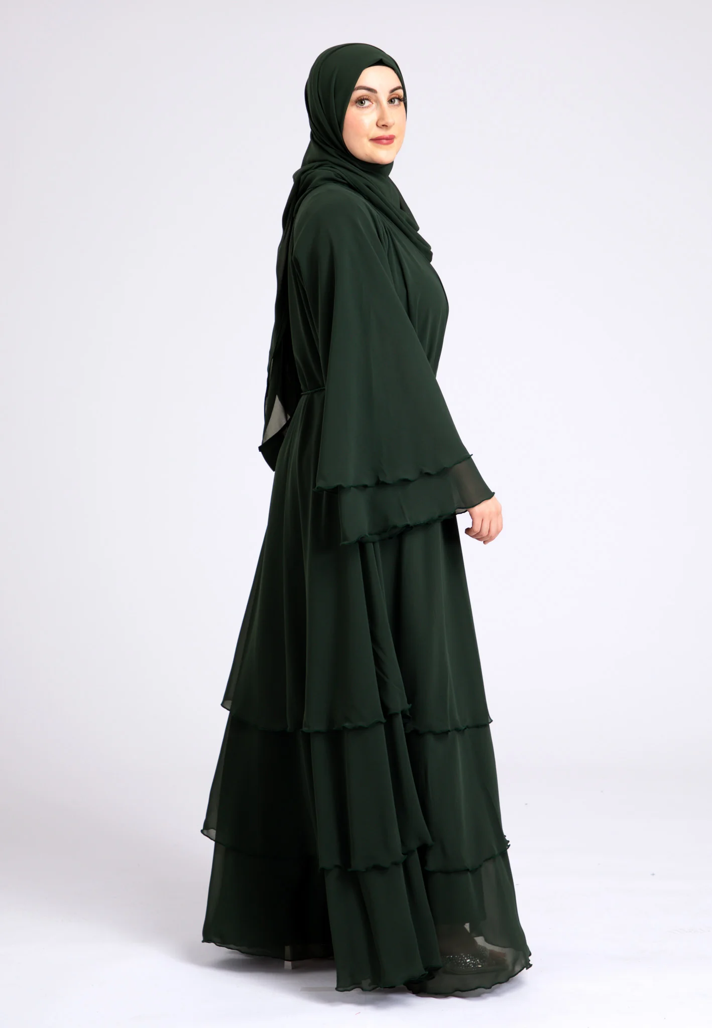 Luxury Forest Green 3 Layered Open Abaya with Inner Dress - Hayah Al-Muslimah