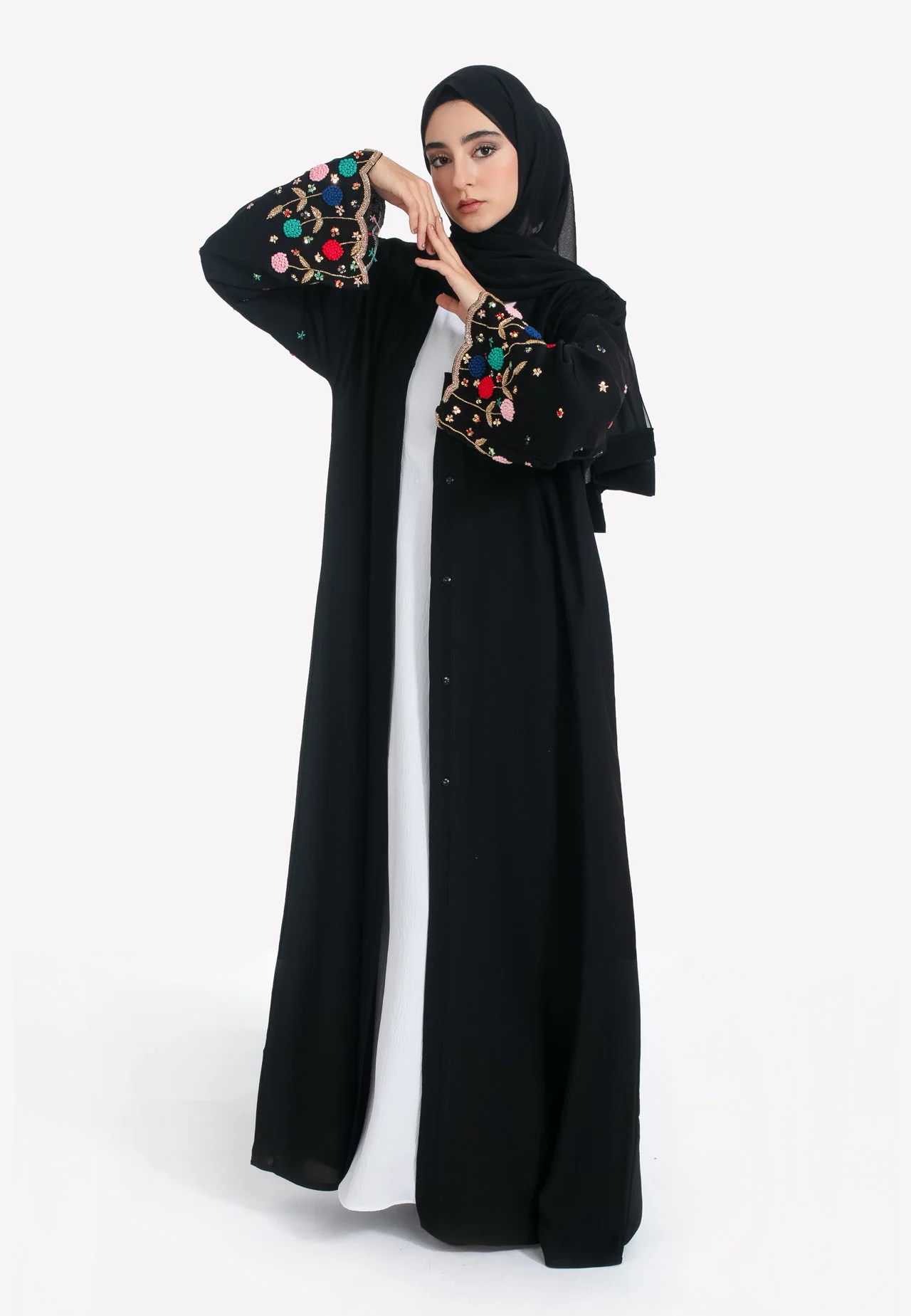 Black Open Abaya With Vibrant Embroidery - Hayah Al-Muslimah