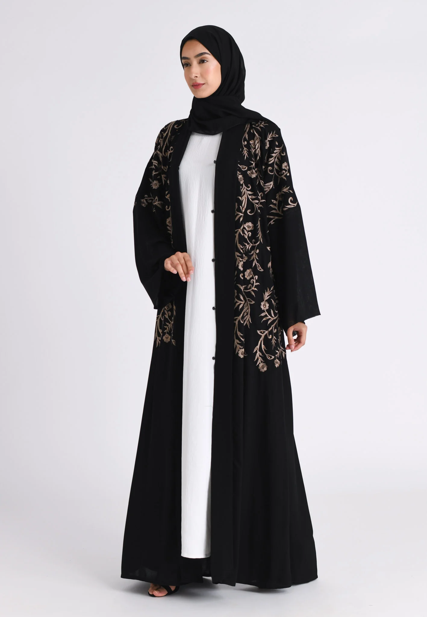 Black & Bronze Floral Kimono Open Abaya (Premium) - Hayah Al-Muslimah