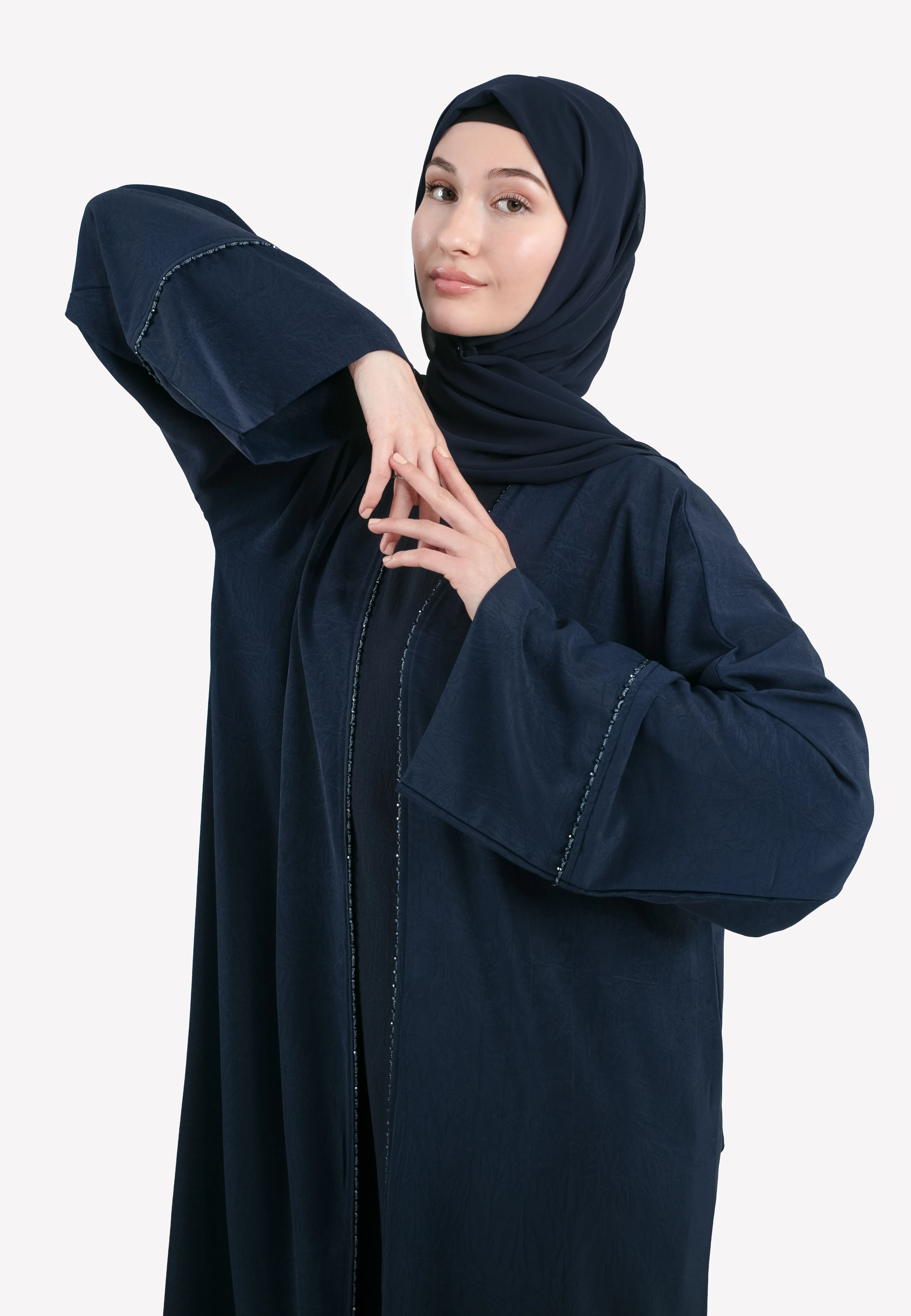 Navy Four-Piece Open Abaya Set With Dainty Detailing - Hayah Al-Muslimah