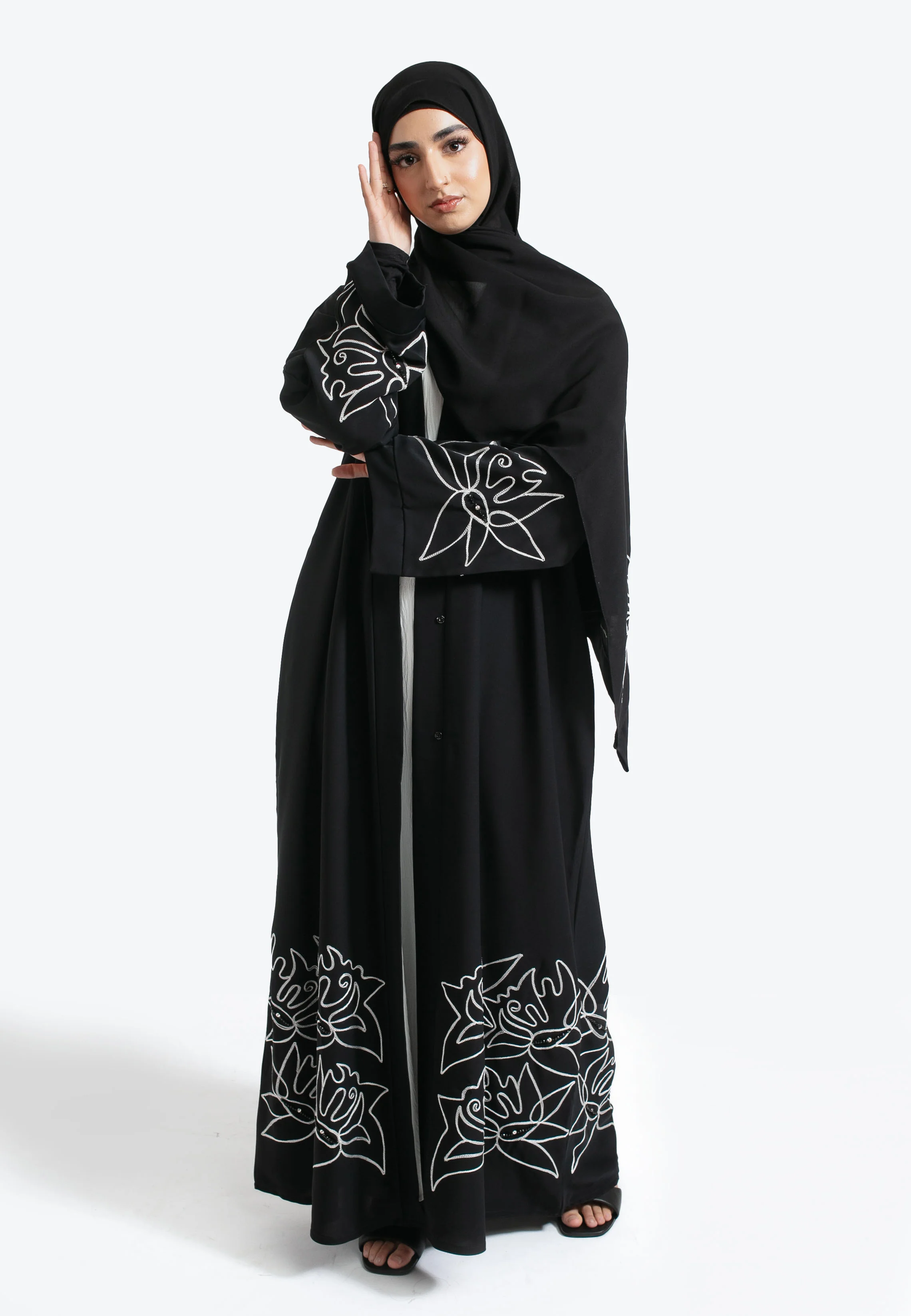 Premium Black Abstract Open Abaya - Hayah Al-Muslimah