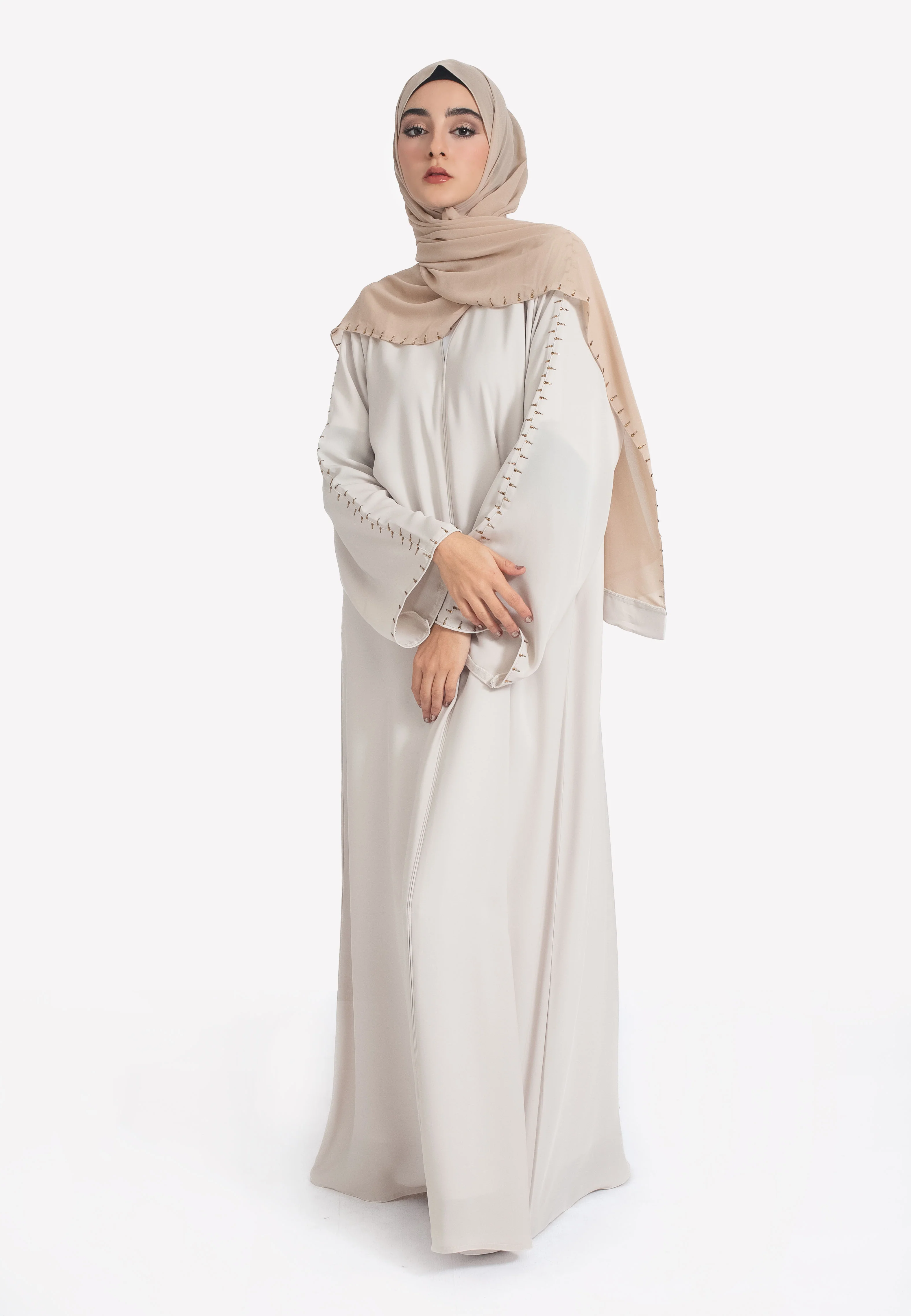 Minimal Beige Closed Abaya with Diamonds - Hayah Al-Muslimah