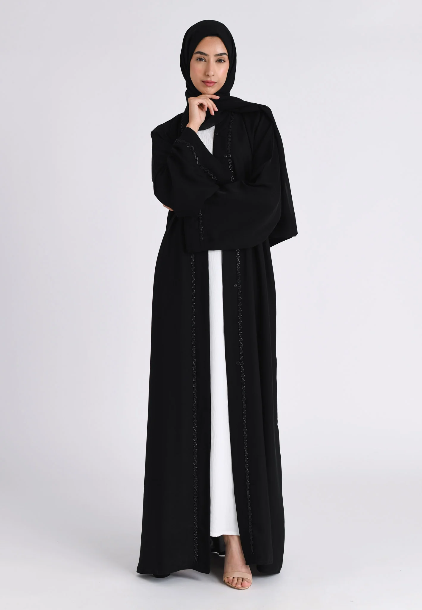 Classic Black Embellished Open Abaya - Hayah Al-Muslimah
