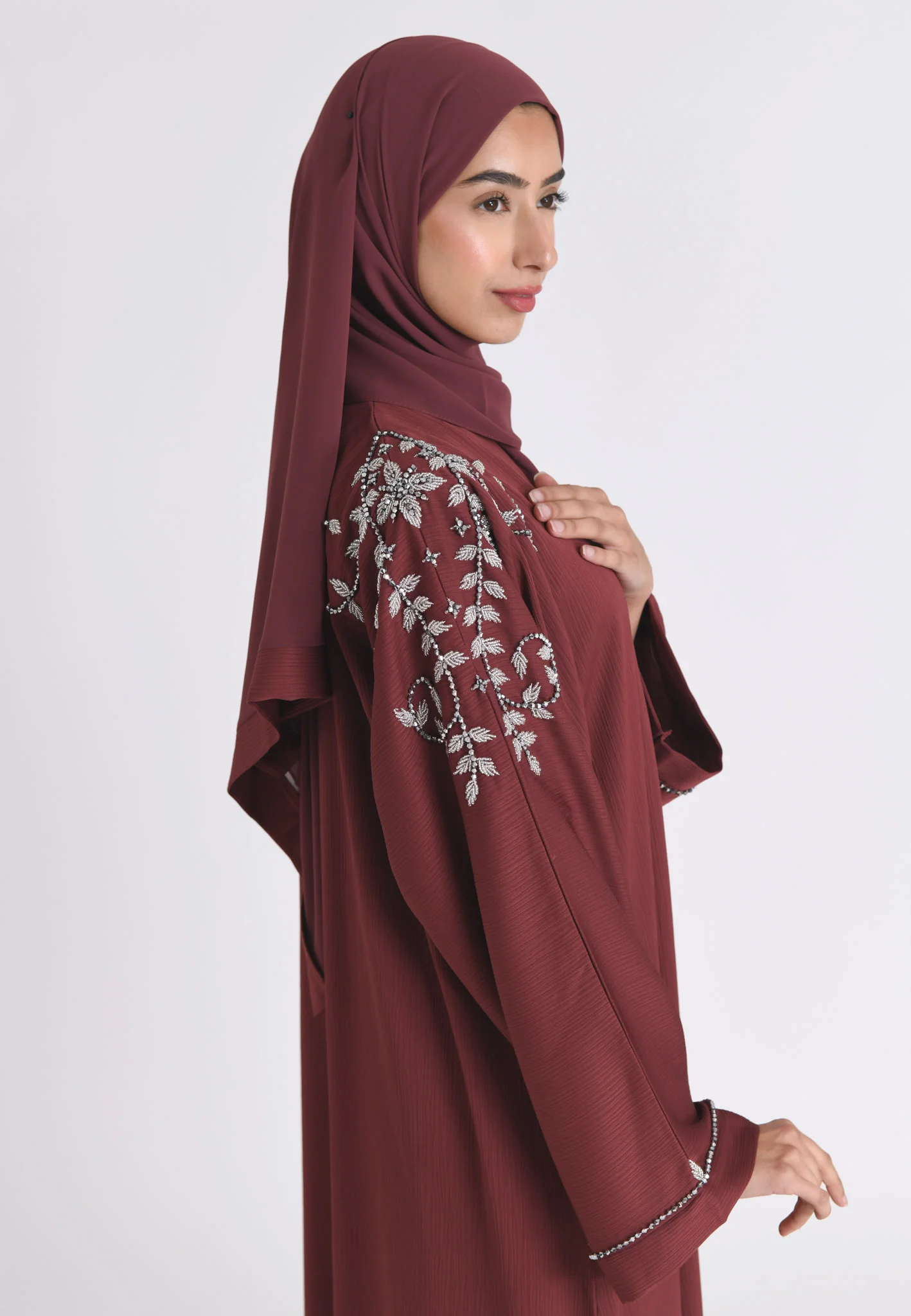 Dusty Mauve Abaya With Silver Embellishments - Hayah Al-Muslimah