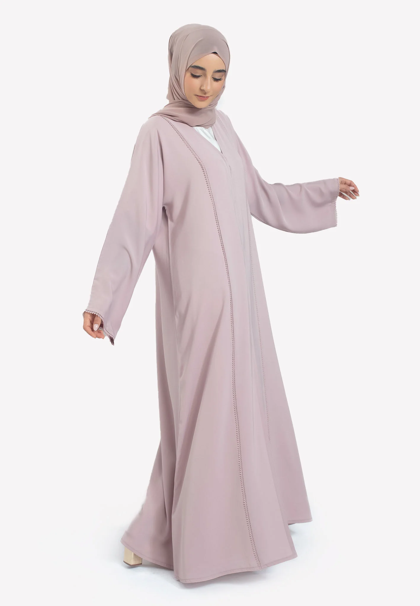 Premium Nude Open Abaya with Dainty Lace Detailing - Hayah Al-Muslimah