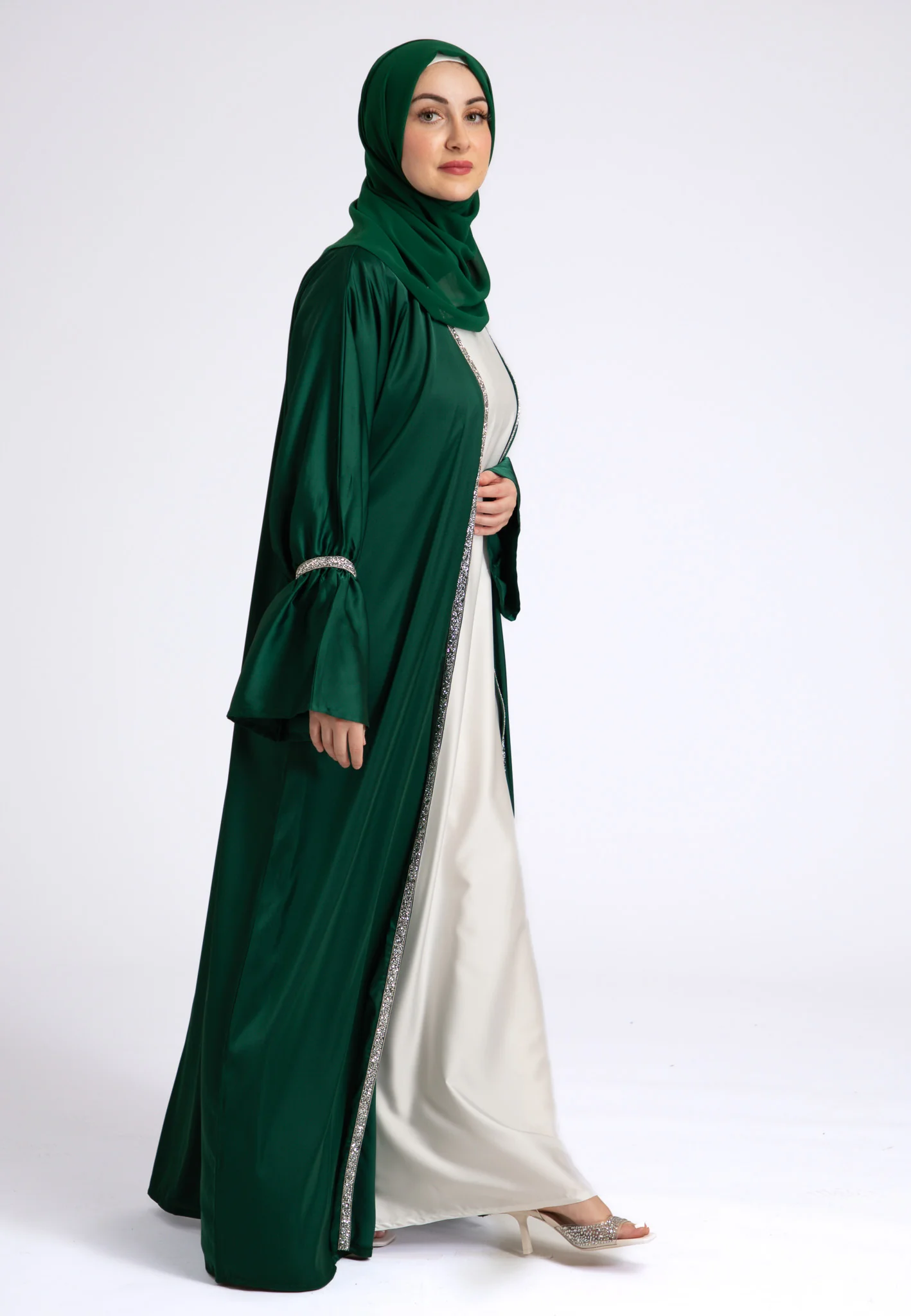 Emerald Green Satin Open Abaya Set - Hayah Al-Muslimah
