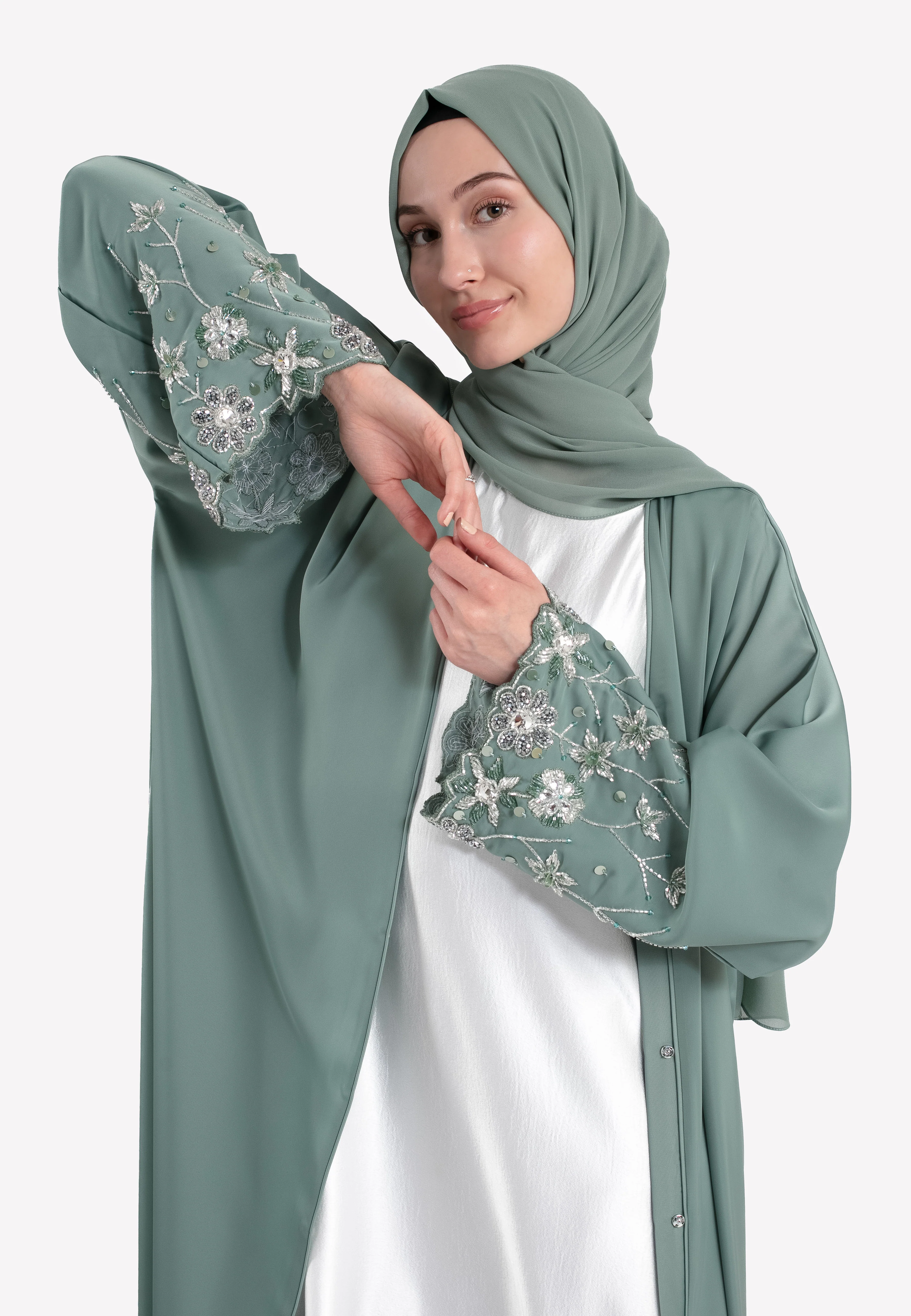 Le Jardin Satin Embellished Open Abaya - Hayah Al-Muslimah