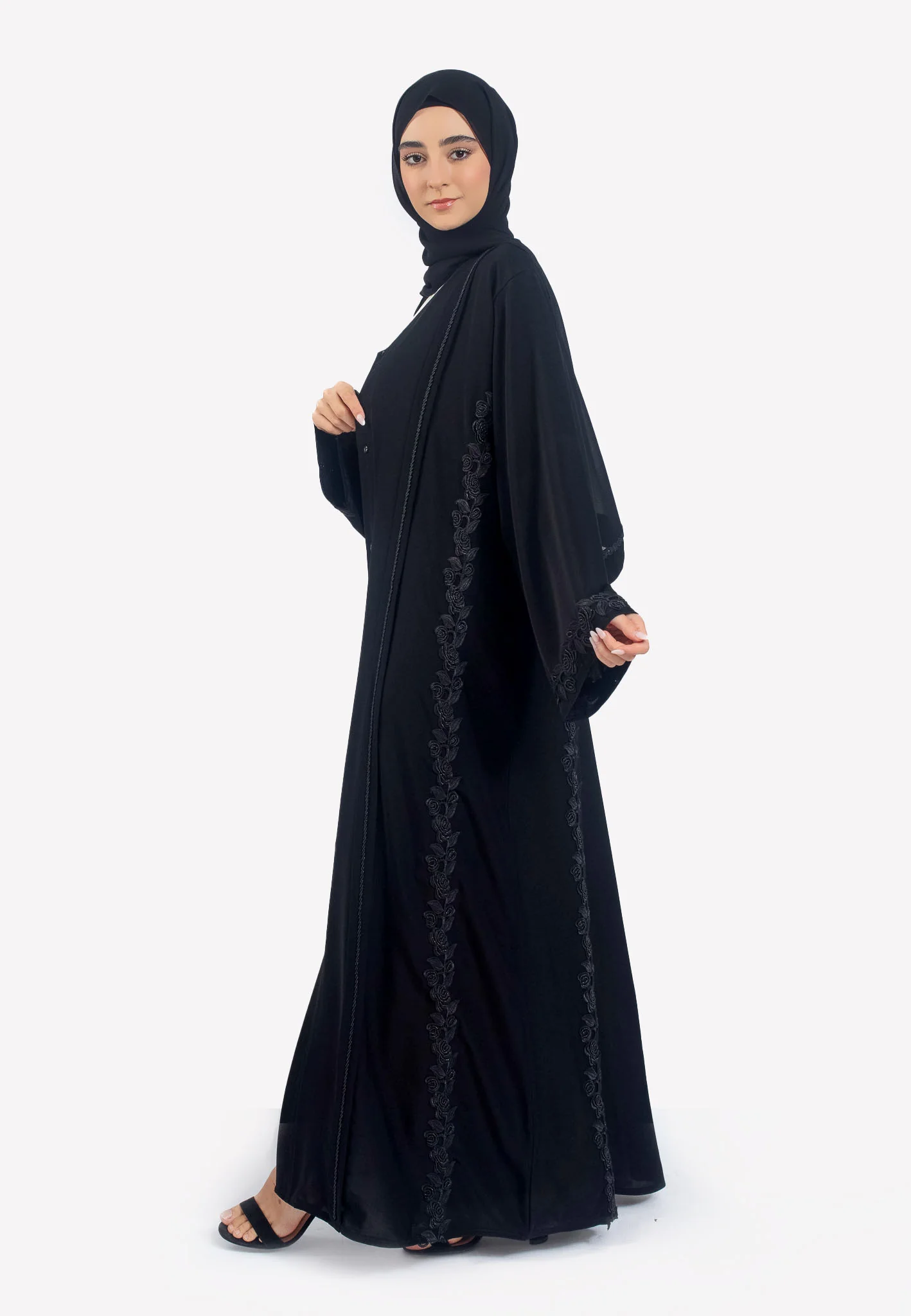 Premium Black on Black Open Abaya with Intricate Lace Detailing - Hayah Al-Muslimah