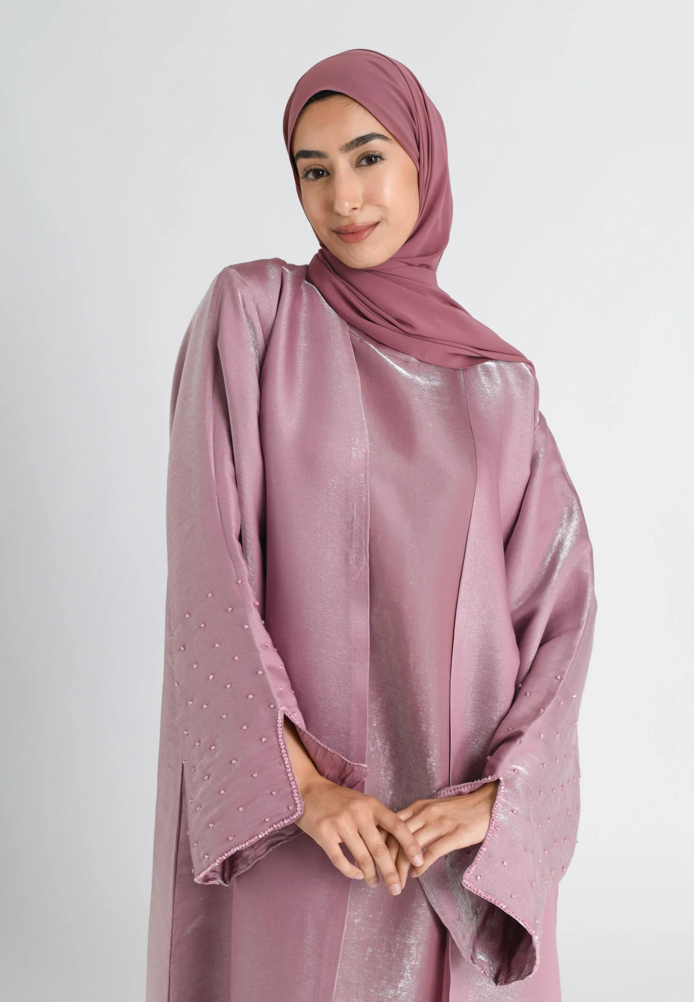 Blush Suede 4-Piece Liquid Organza Abaya Set - Hayah Al-Muslimah