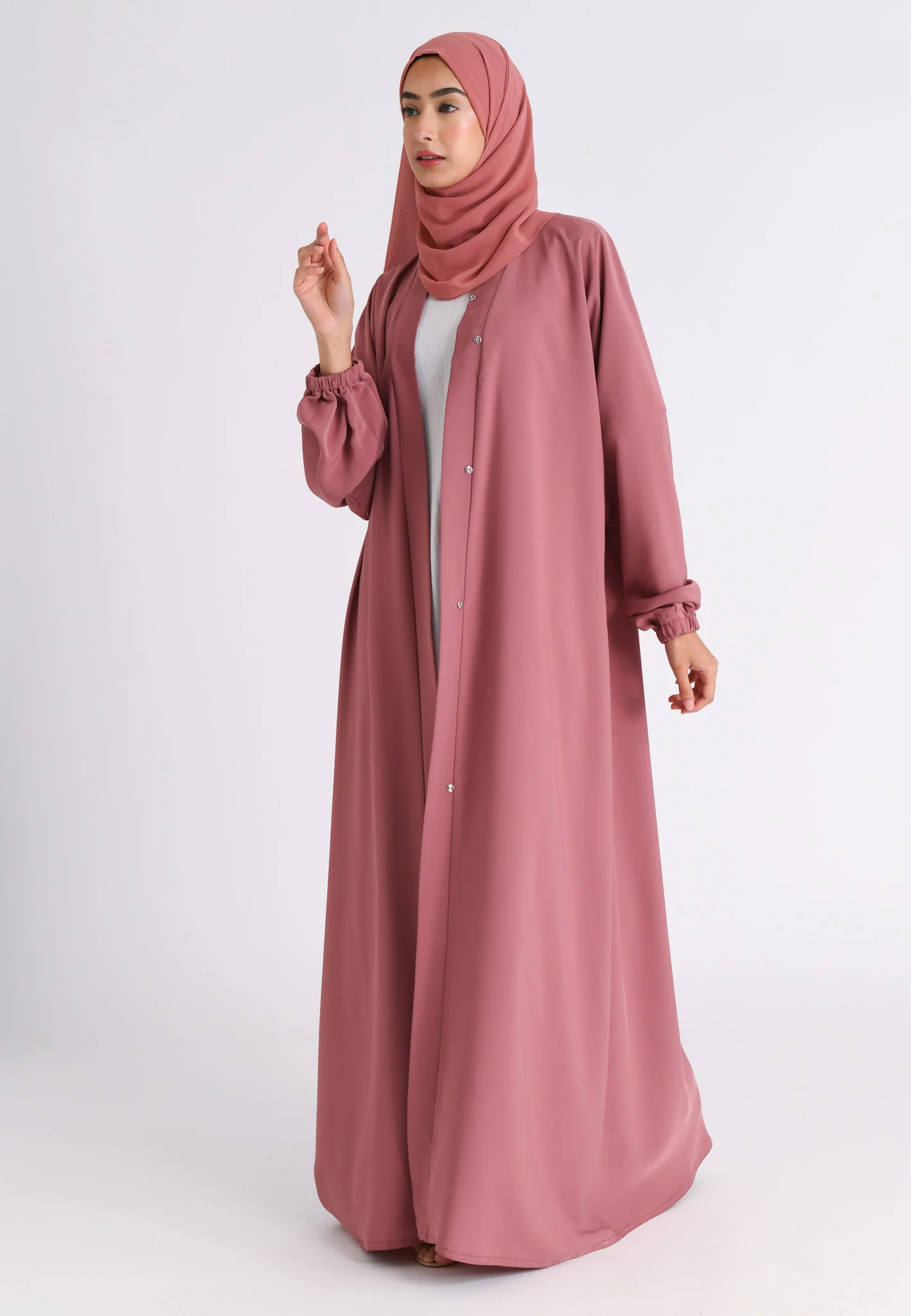 Soft Rosewood Plain Open Abaya With Elasticated Cuff Sleeves (Premium) - Hayah Al-Muslimah