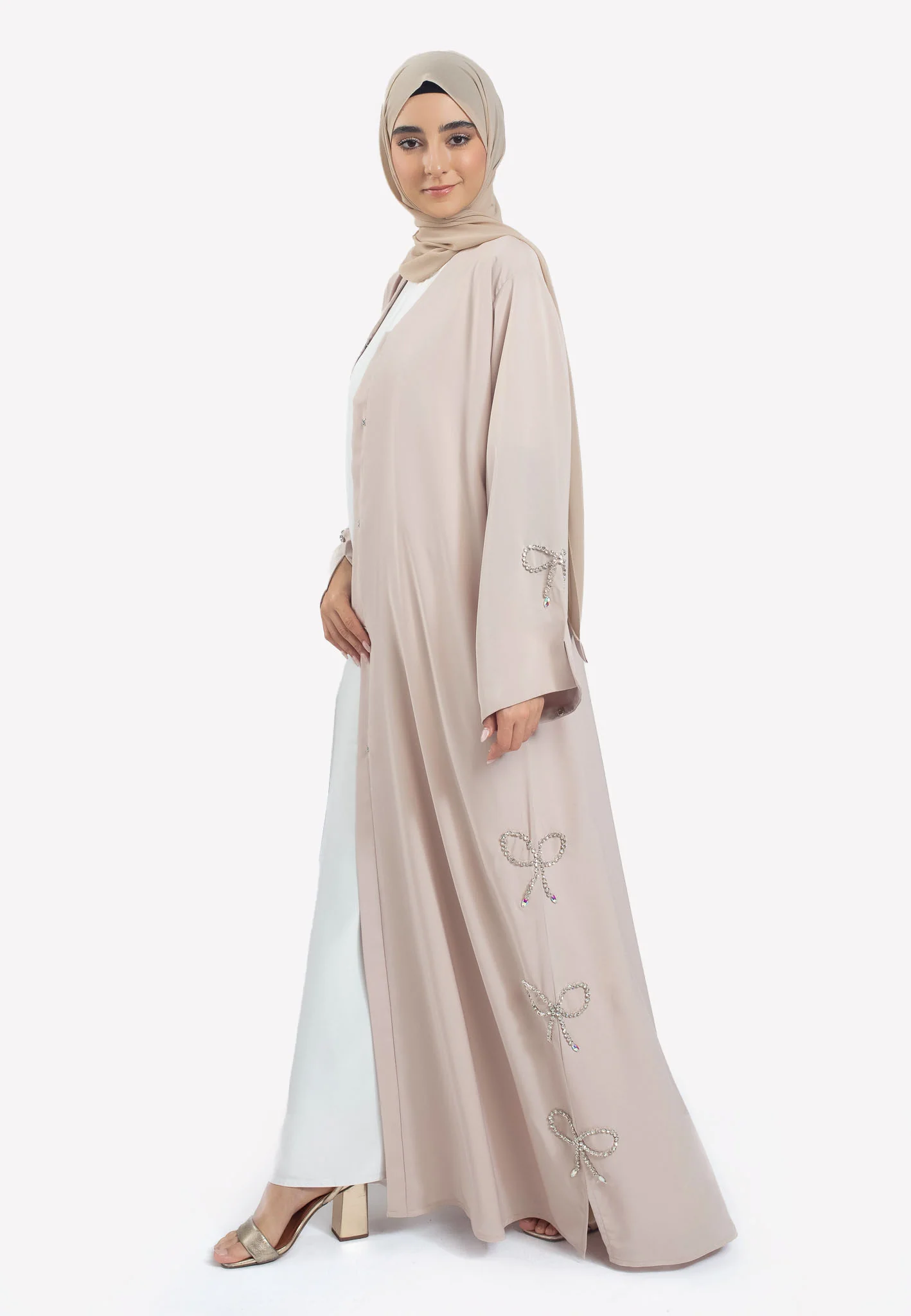 Premium Beige Open Abaya with Bow Embellishments - Hayah Al-Muslimah