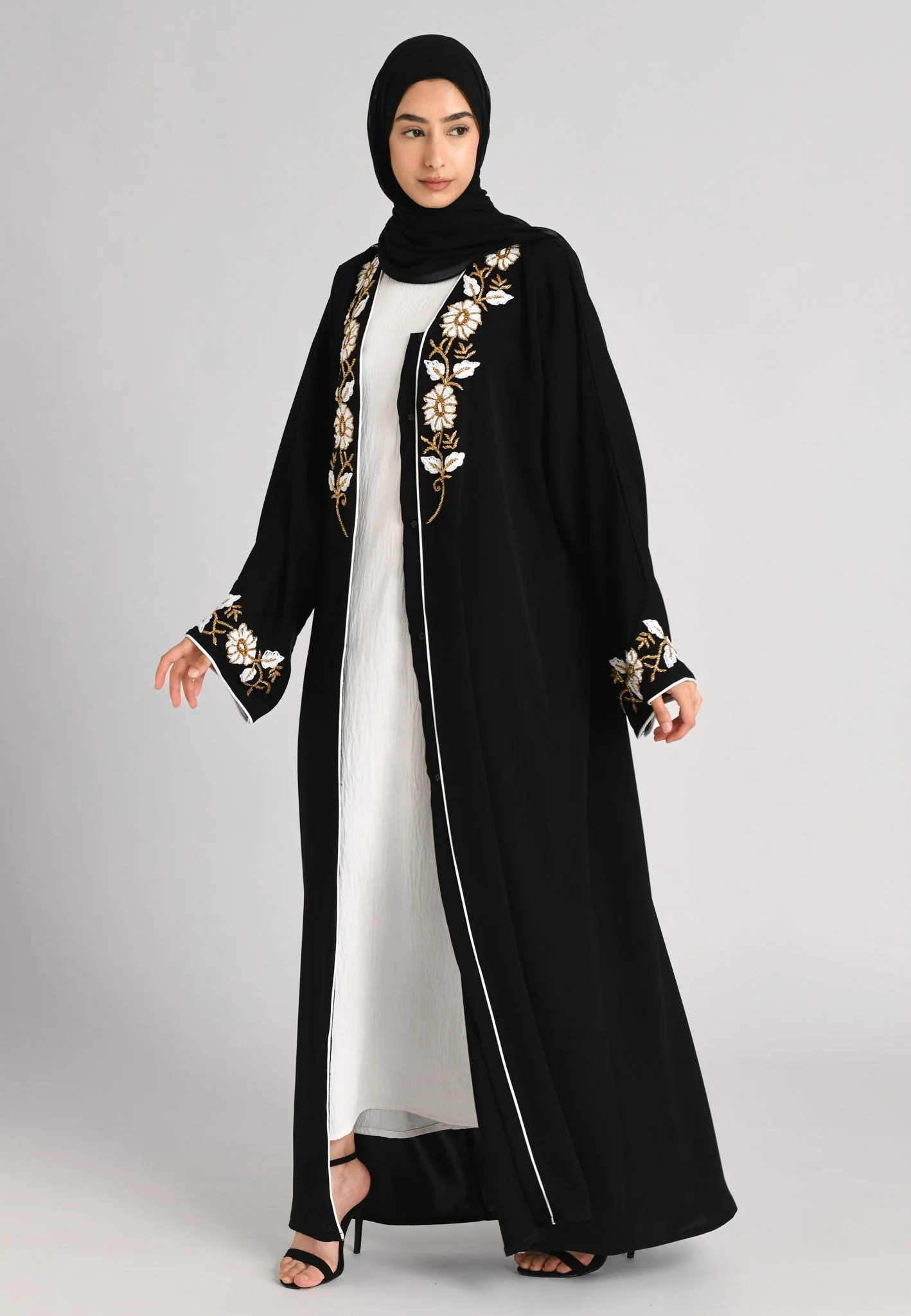 White & Gold Floral Open Embellished Abaya - Hayah Al-Muslimah