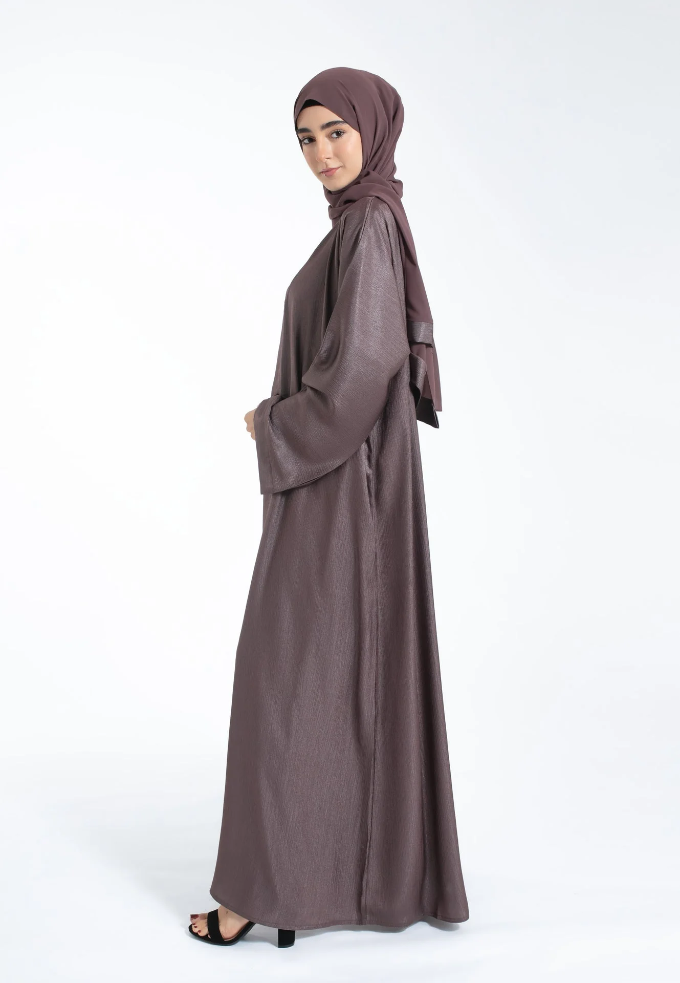 Shimmer Textured Open Abaya - Cherry Truffle - Hayah Al-Muslimah