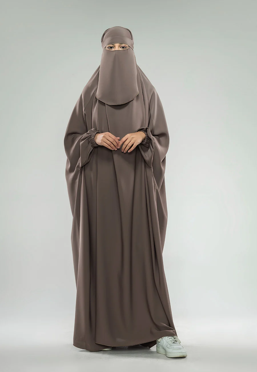 Taupe One-Piece Full Length Jilbab With Elasticated Cuff - Prayer / Abaya Dress (Premium) - Hayah Al-Muslimah
