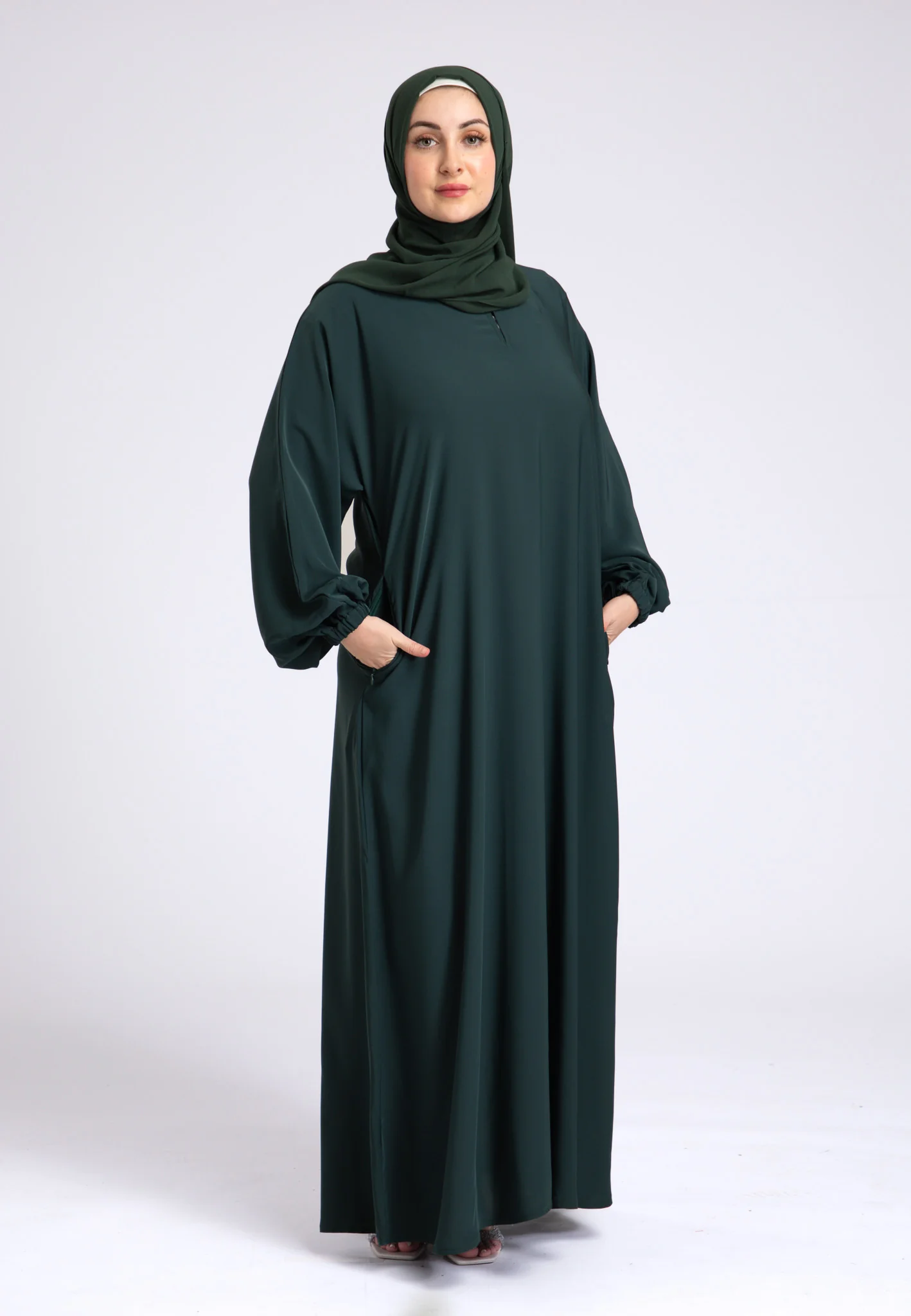 Petrol Green Closed Abaya with Zip Pockets & Cuff Sleeves - Hayah Al-Muslimah