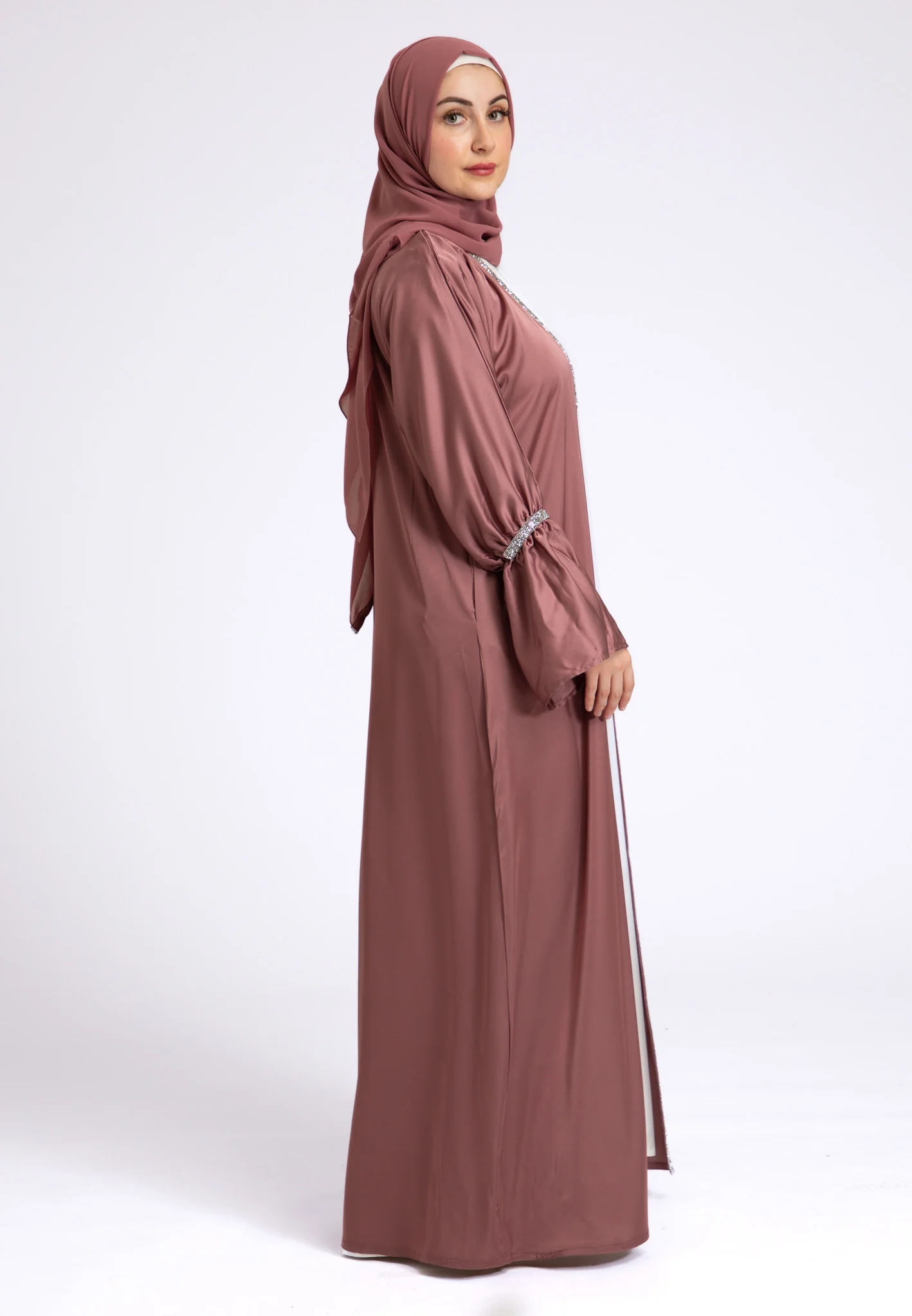 Dusky Mauve Satin Open Abaya Set - Hayah Al-Muslimah