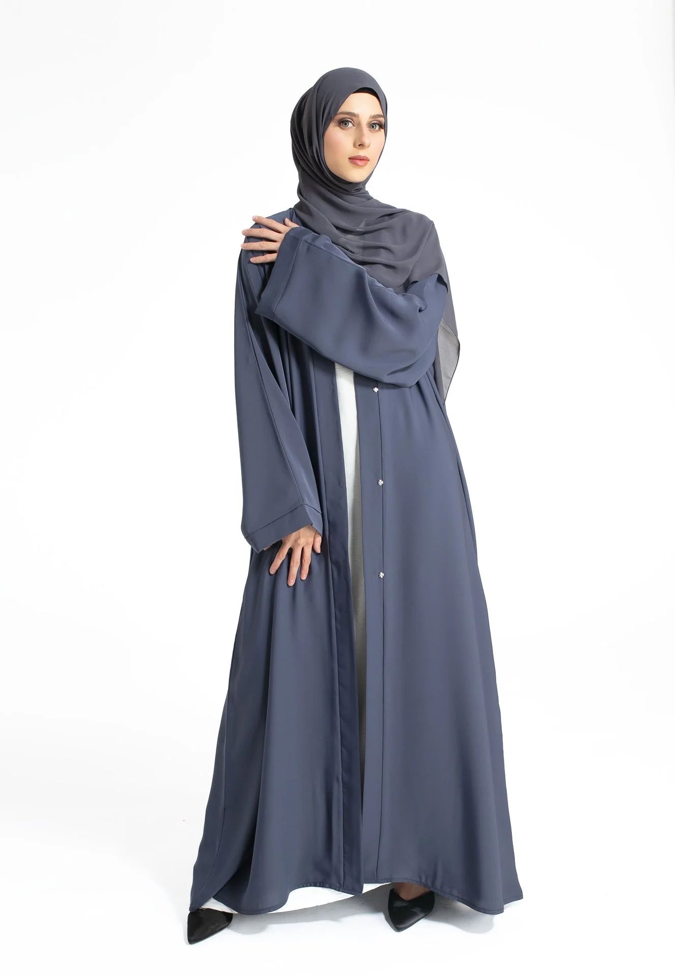 Plain Open Abaya With Wide Sleeves - Slate Grey - Hayah Al-Muslimah