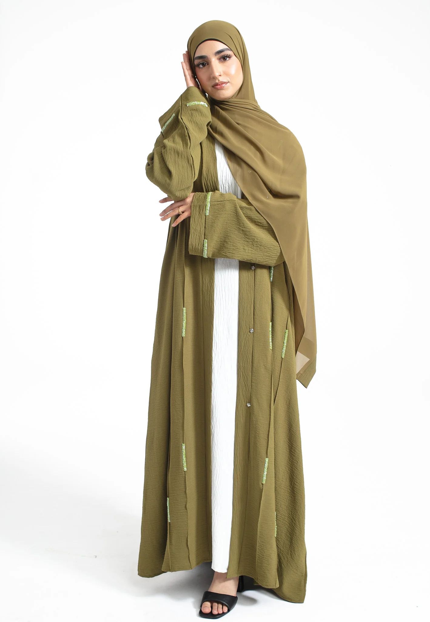 Matcha Crystal Embellished Open Abaya (Premium) - Hayah Al-Muslimah