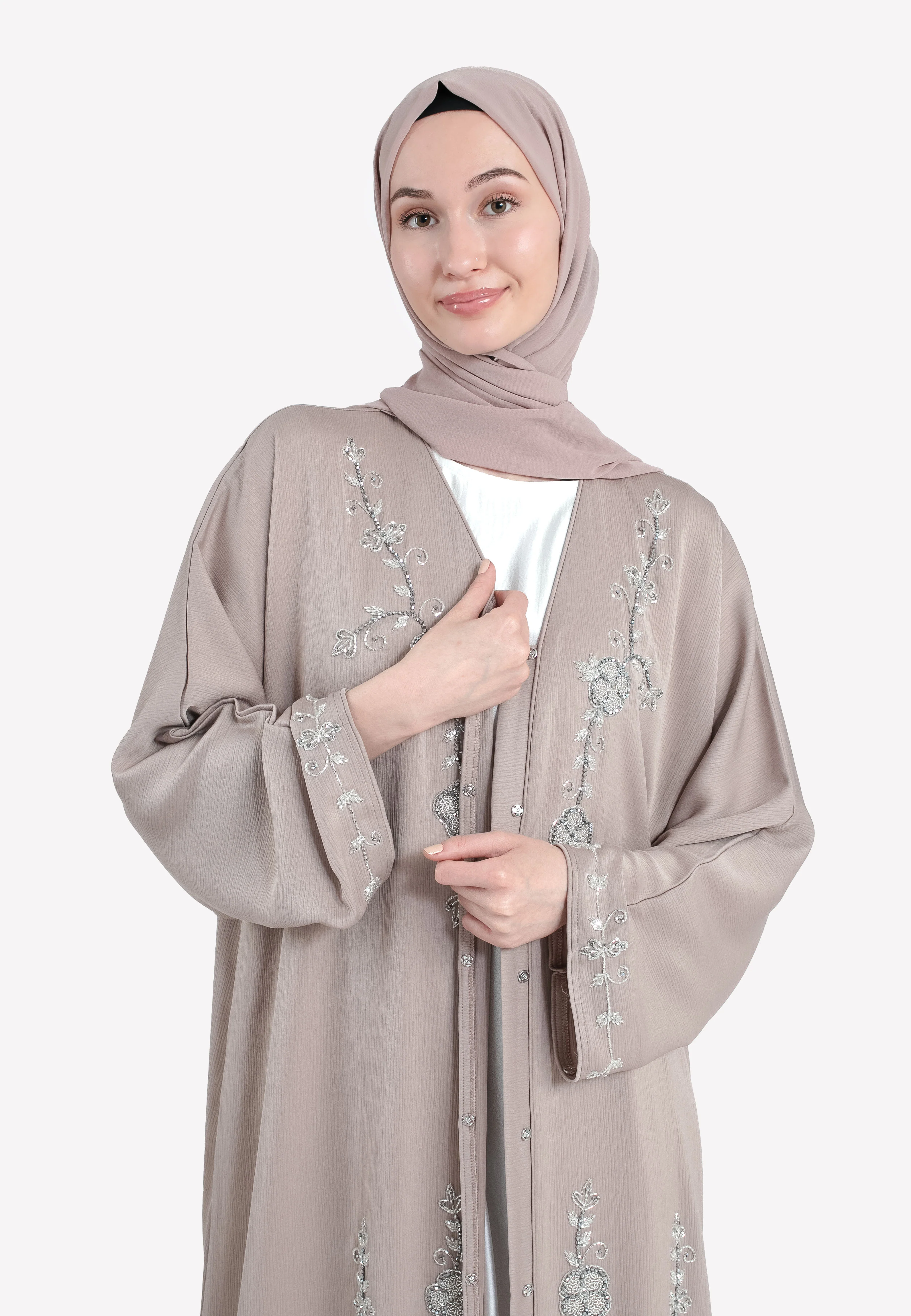 Oat Textured Embellished Open Abaya - Hayah Al-Muslimah