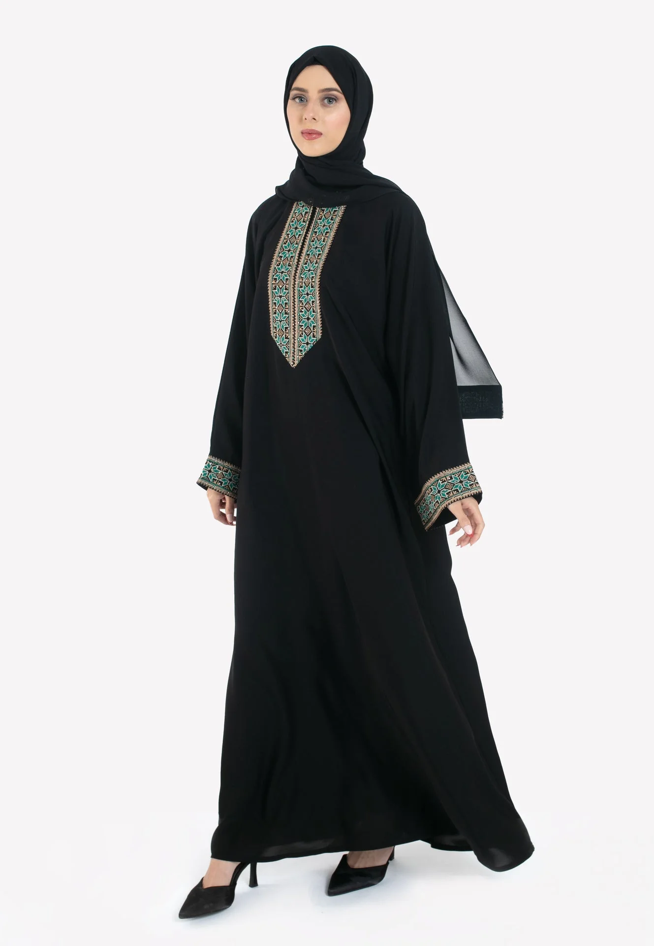 Palestinian Tatreez Closed Abaya - Turquoise & Gold - Hayah Al-Muslimah