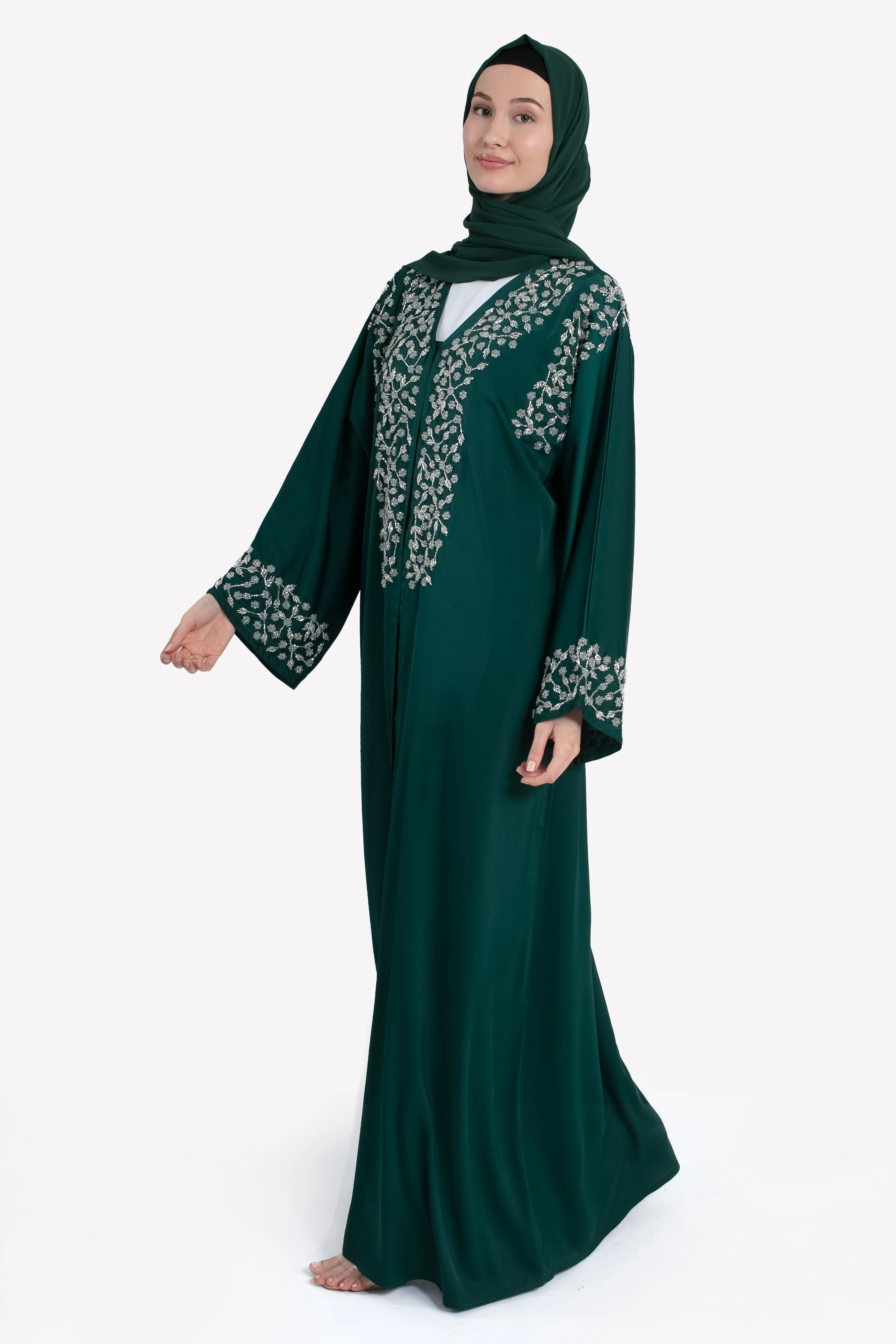 Mystic Emerald Embellished Satin Open Abaya - Hayah Al-Muslimah