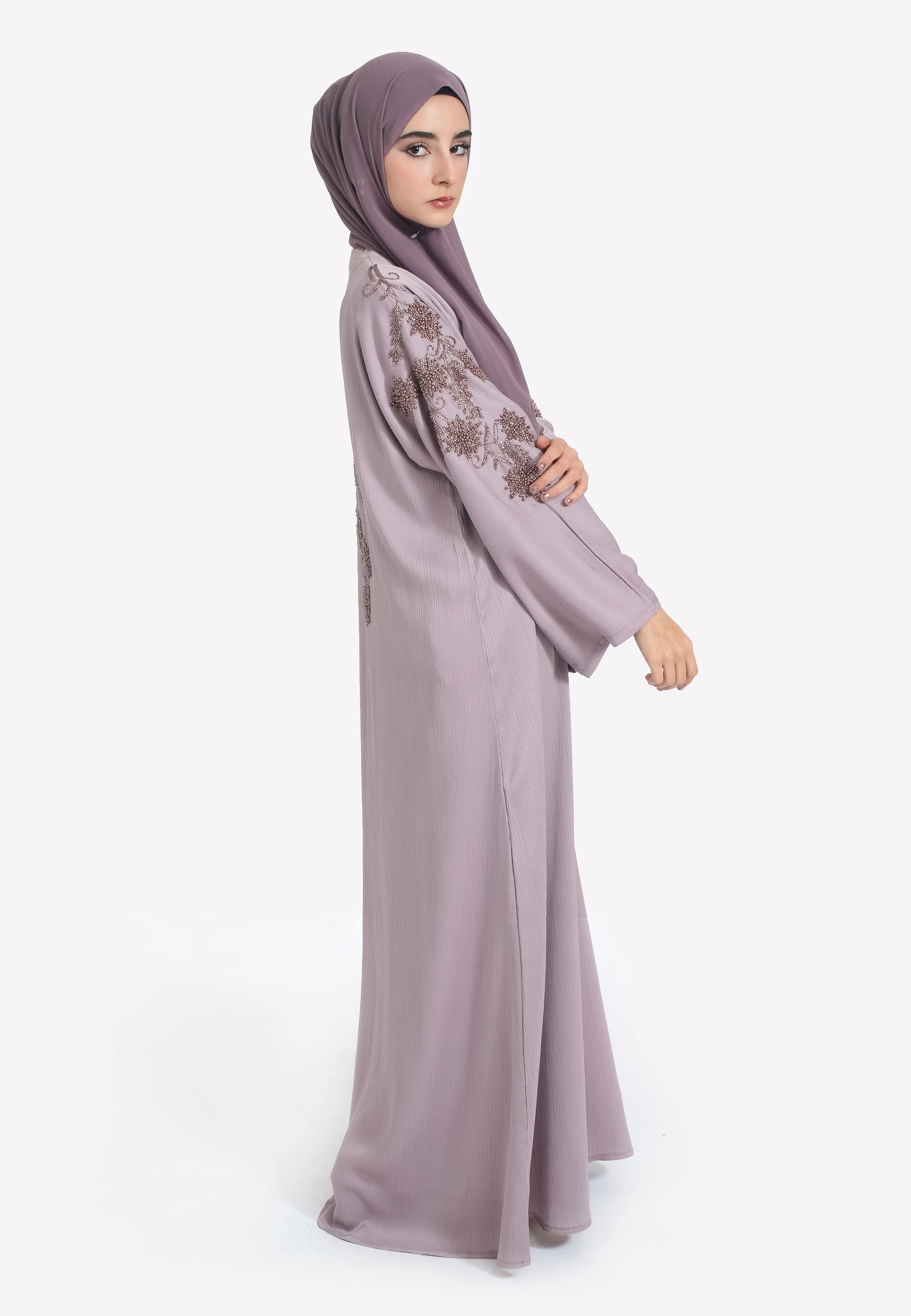 Lilac Textured Closed Abaya With Copper Embellishments - Hayah Al-Muslimah