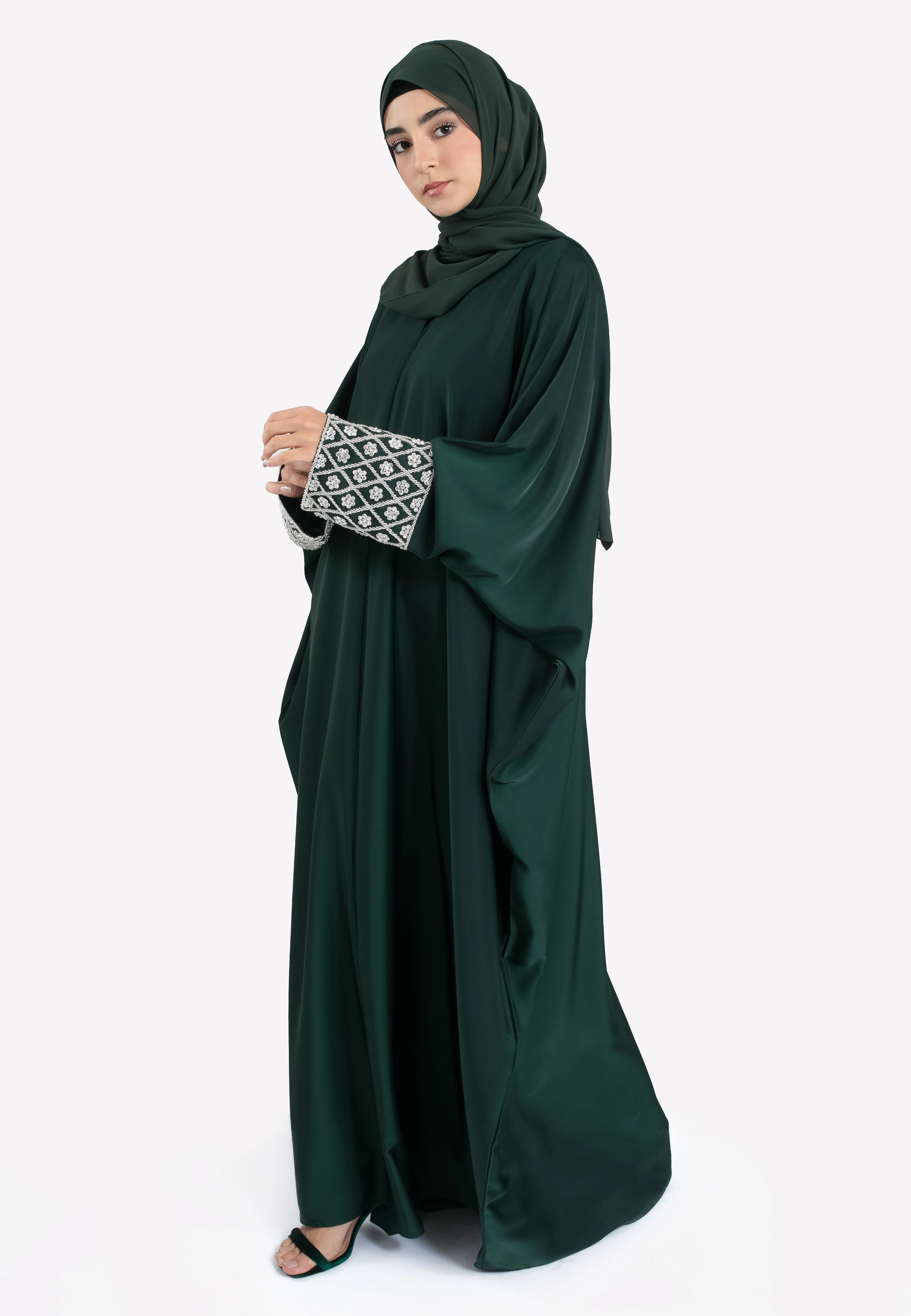 Luxury Forest Closed Farasha with Jewel Embellished Cuffs - Hayah Al-Muslimah