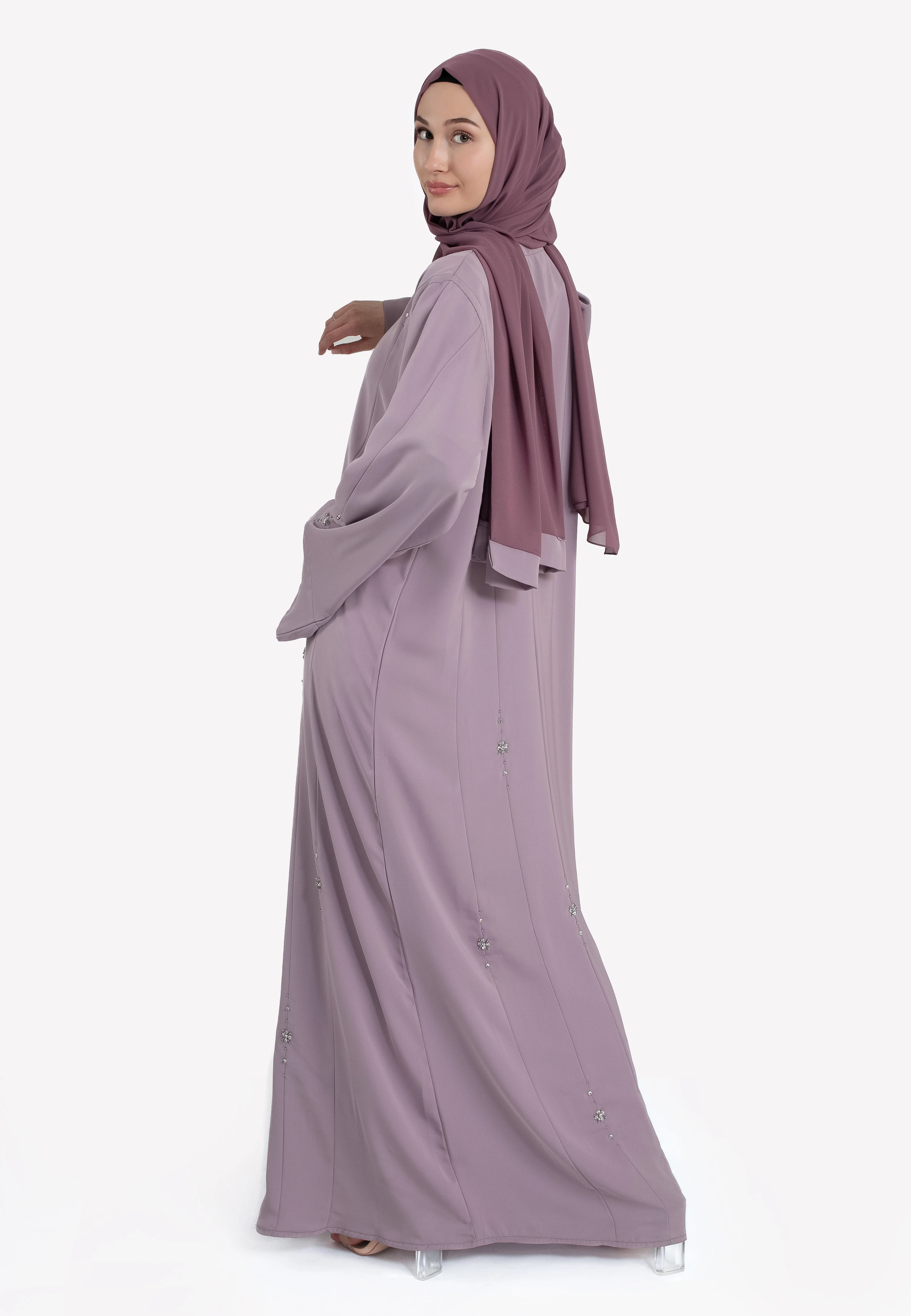 Luxury Dainty Lilac Embellished Open Abaya - Hayah Al-Muslimah