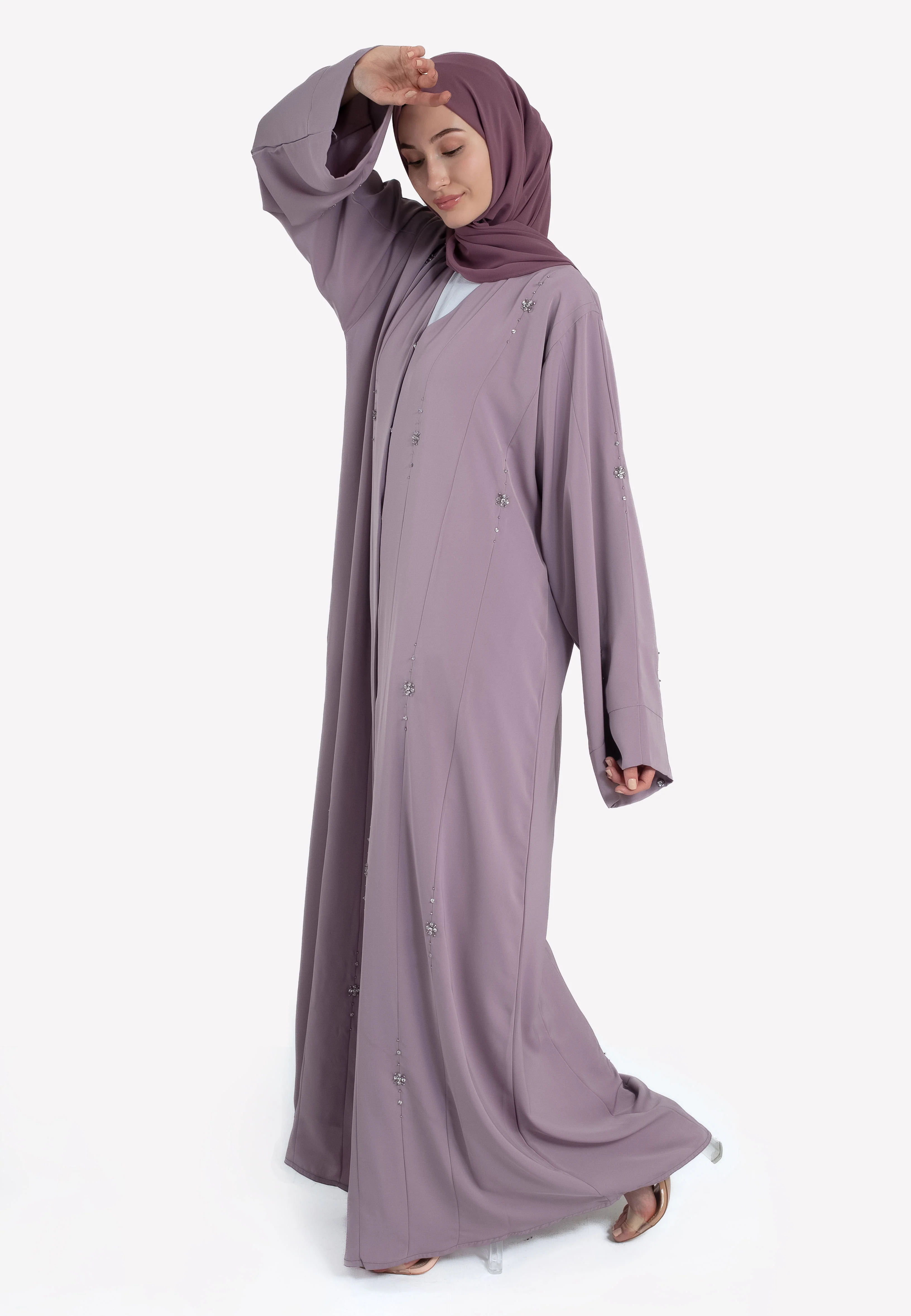 Luxury Dainty Lilac Embellished Open Abaya - Hayah Al-Muslimah