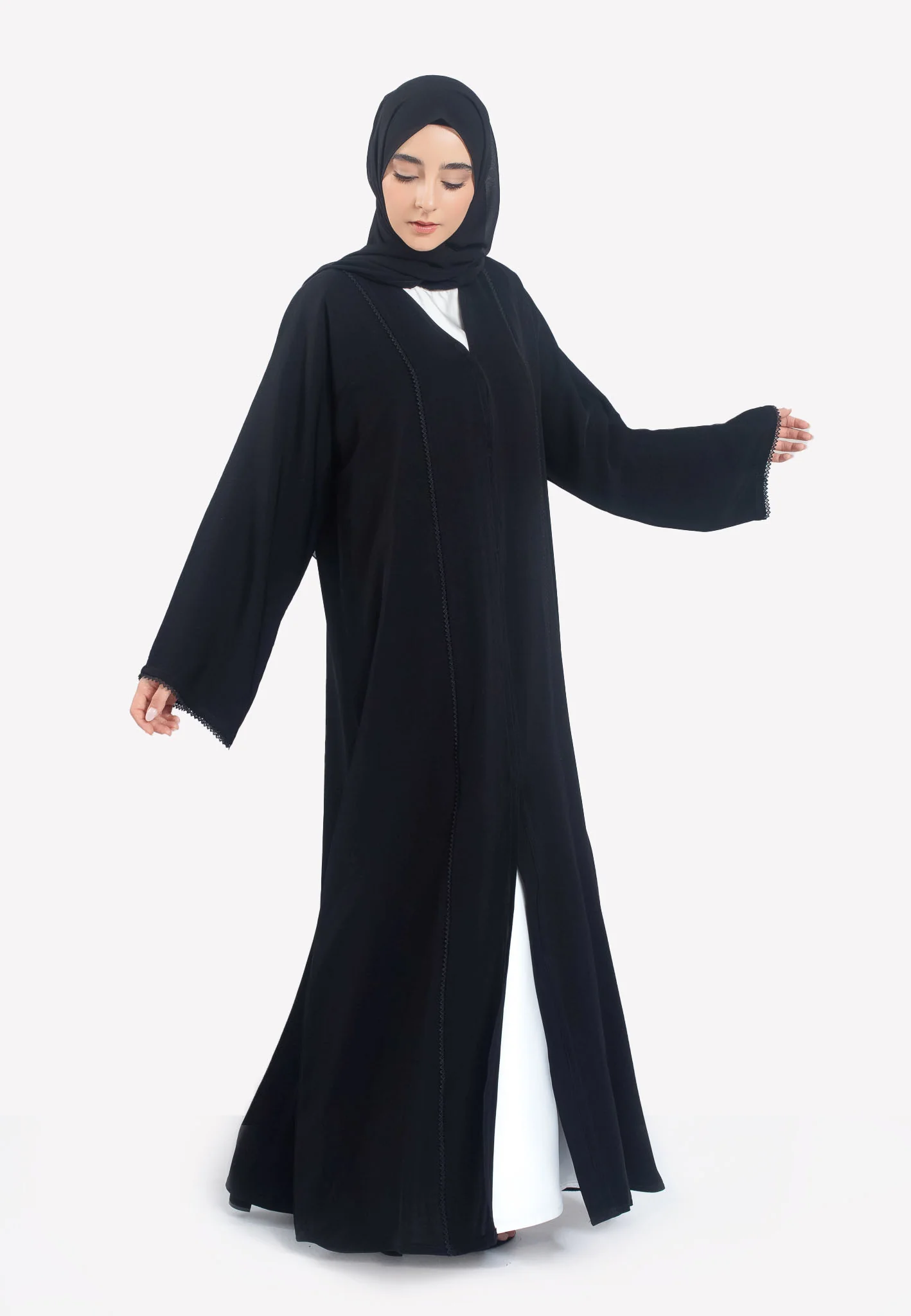 Premium Black Open Abaya with Dainty Lace Detailing - Hayah Al-Muslimah