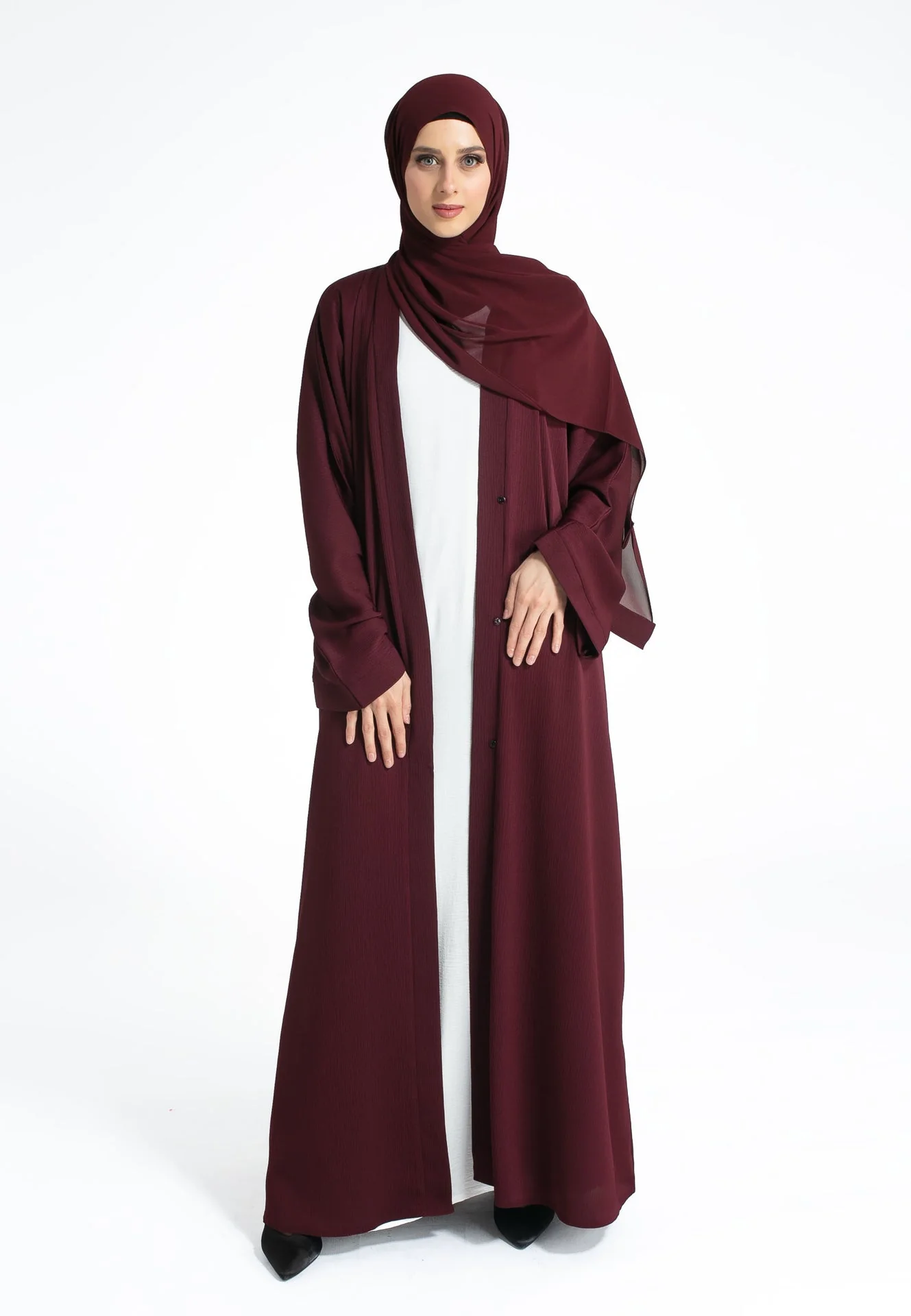 Plain Textured Open Abaya - Burgundy - Hayah Al-Muslimah