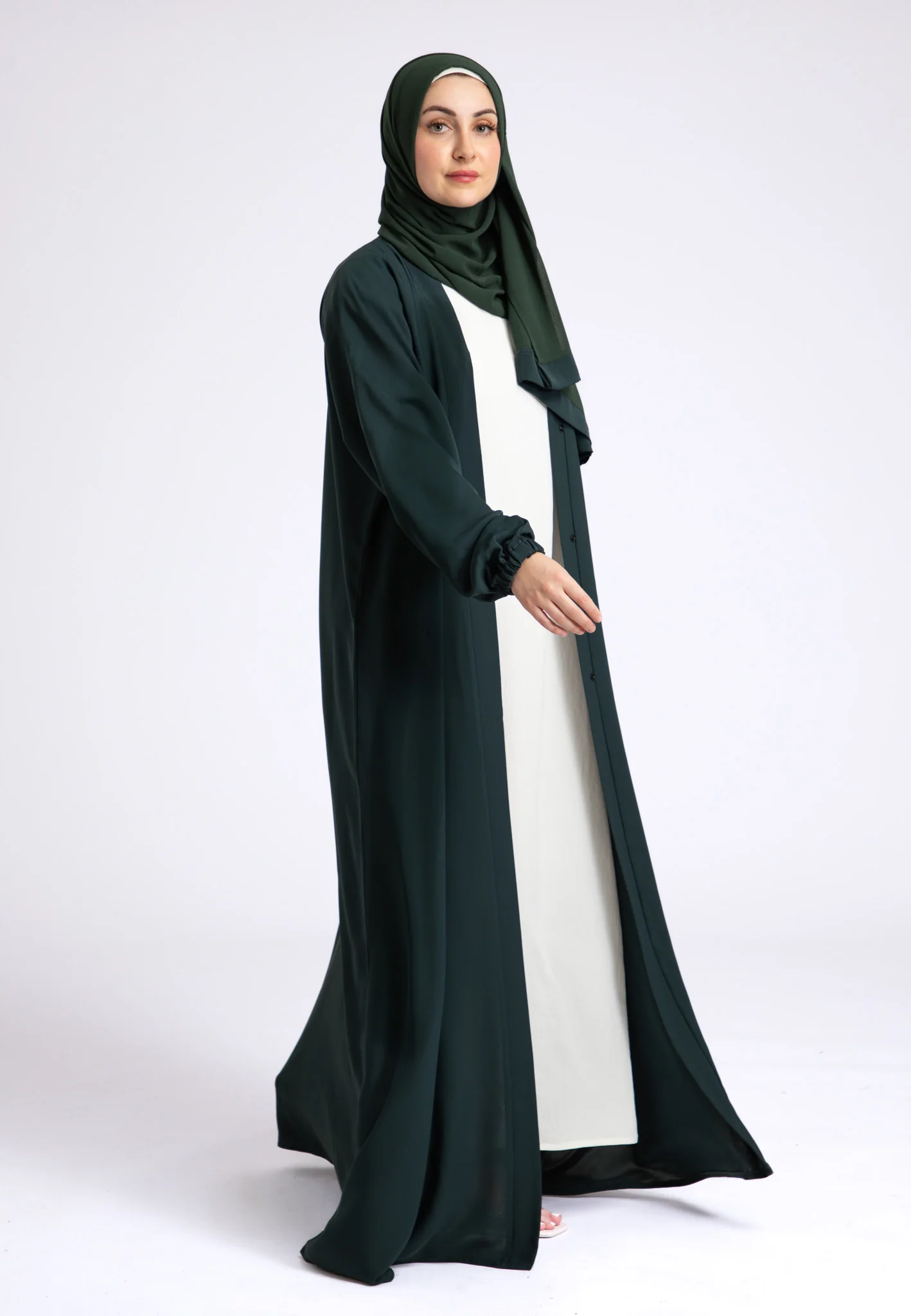 Petrol Green Plain Open Abaya With Elasticated Cuff Sleeves (Premium) - Hayah Al-Muslimah