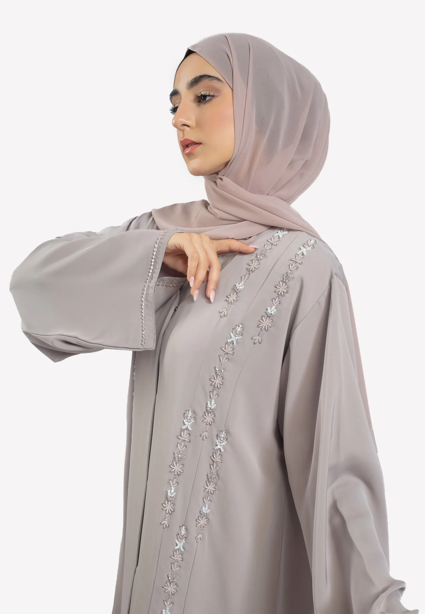 Premium Silvered Graphite Nida Embellished Abaya with Pleated Front - Hayah Al-Muslimah