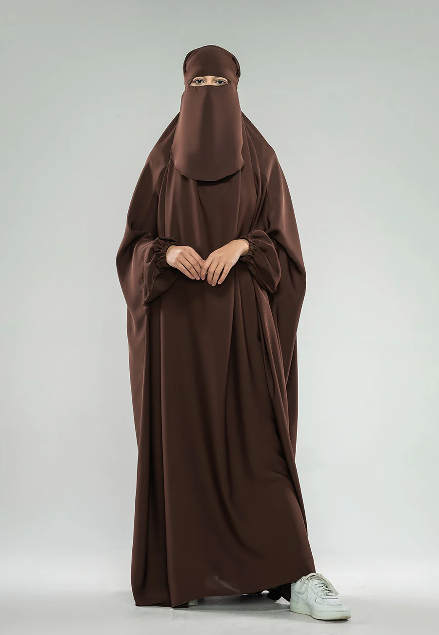 Chocolate Brown One-Piece Full Length Jilbab With Elasticated Cuff - Prayer / Abaya Dress (Premium) - Hayah Al-Muslimah