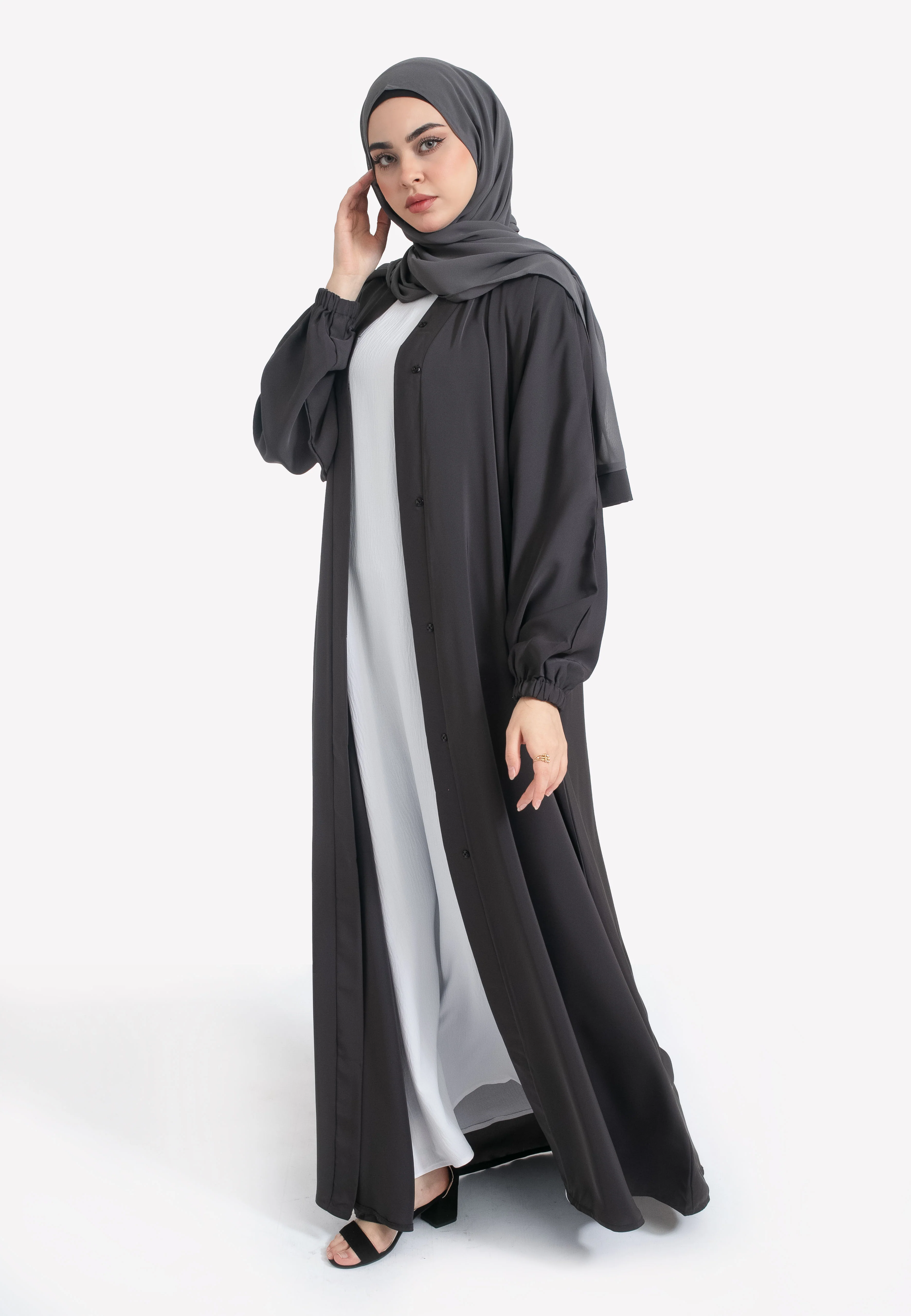 Plain Charcoal Open Abaya With Elasticated Cuff Sleeves - Hayah Al-Muslimah