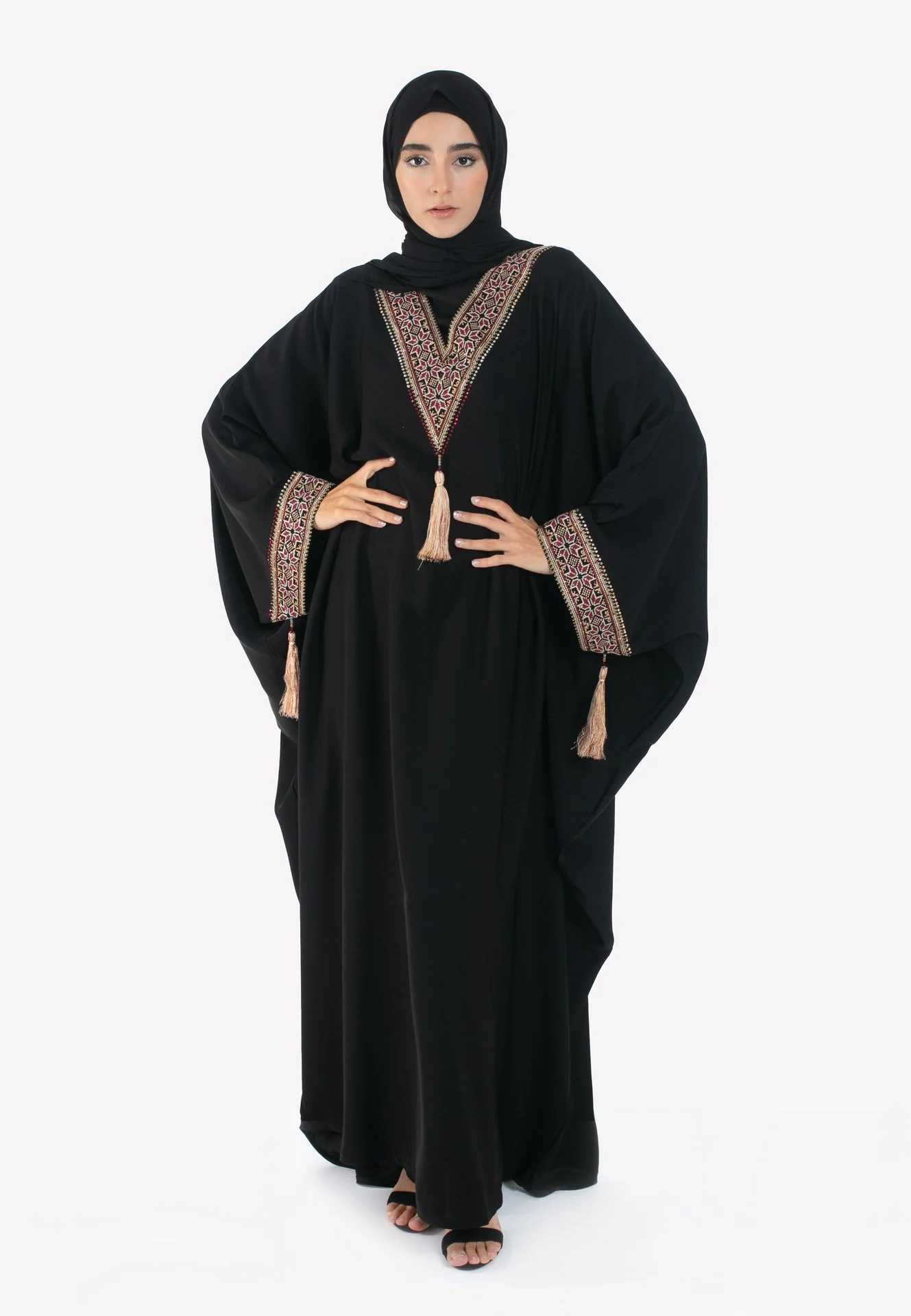 Palestinian Tatreez Batwing Abaya - Burgundy & Gold - Hayah Al-Muslimah