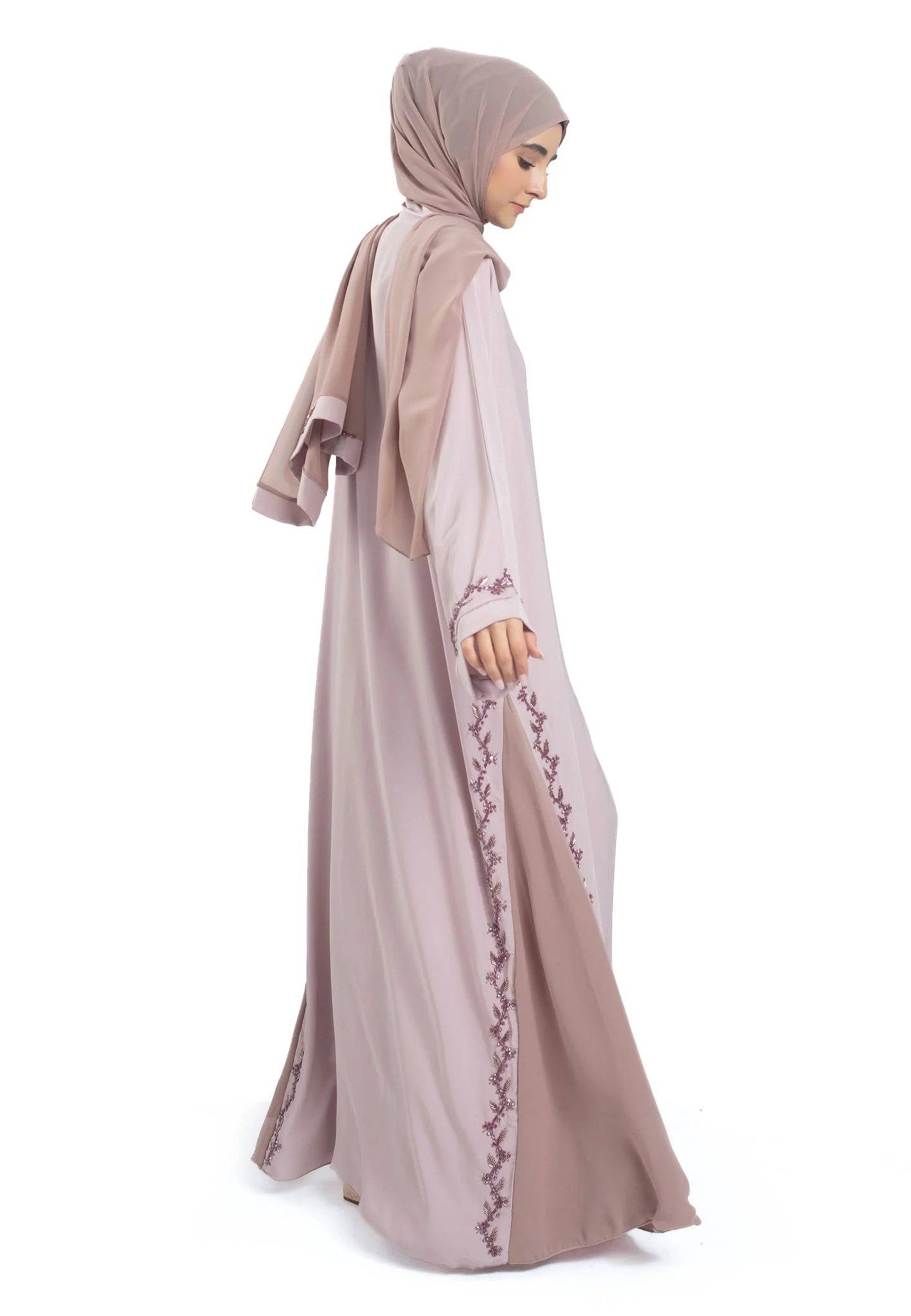 Premium Rosy Mauve Embellished Open Abaya with Chiffon Insets - Hayah Al-Muslimah