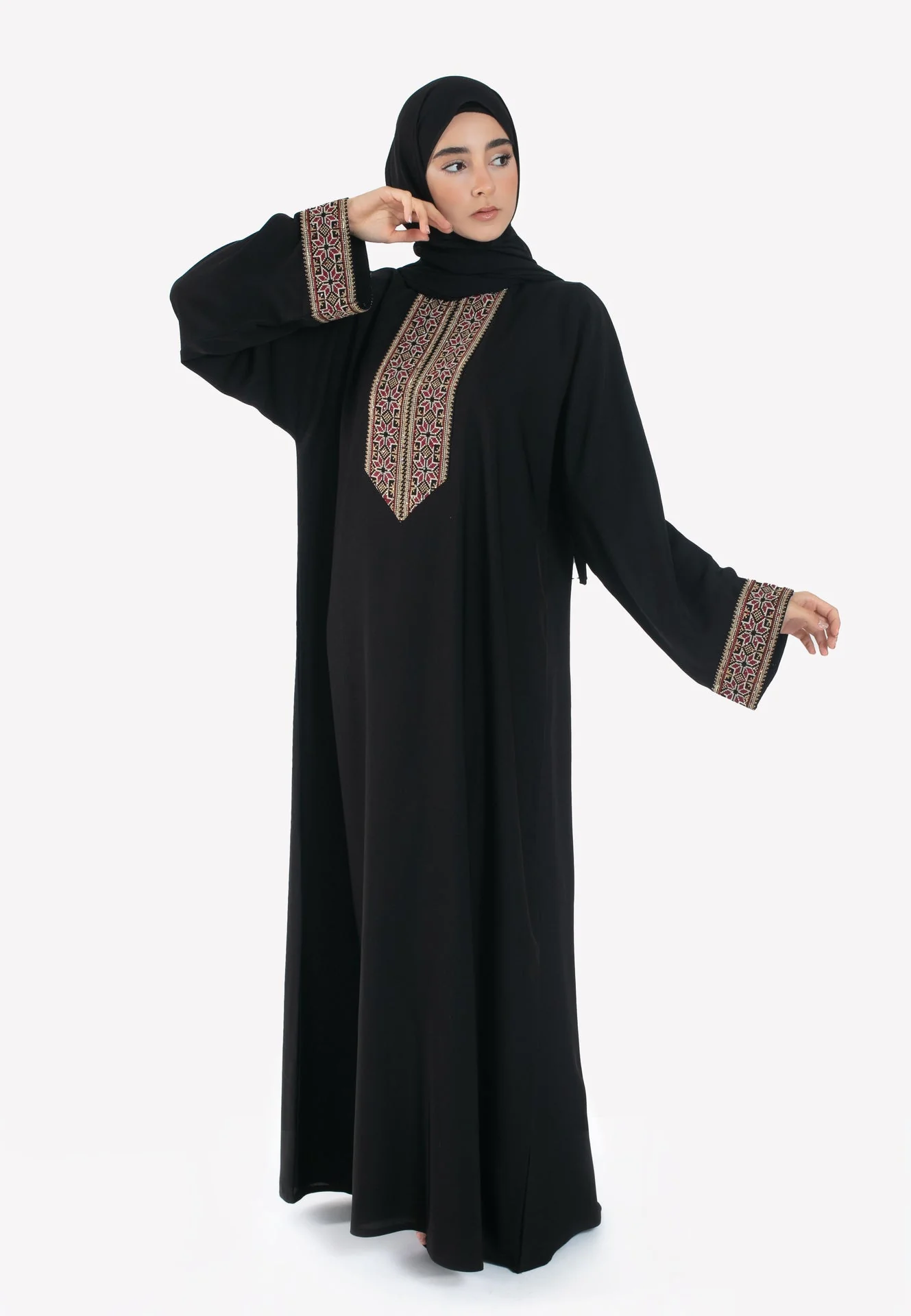 Palestinian Tatreez Closed Abaya - Burgundy & Gold - Hayah Al-Muslimah