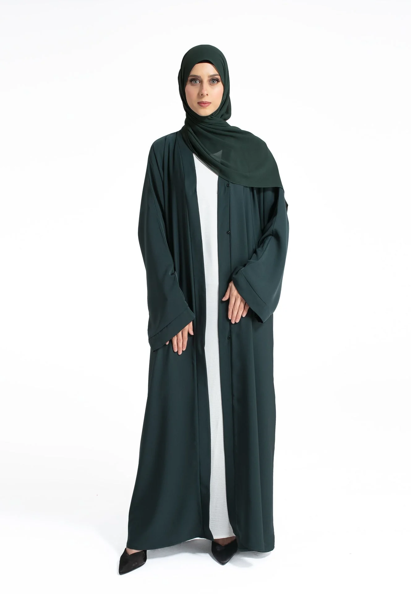 Plain Open Abaya With Wide Sleeves - Forest Green - Hayah Al-Muslimah