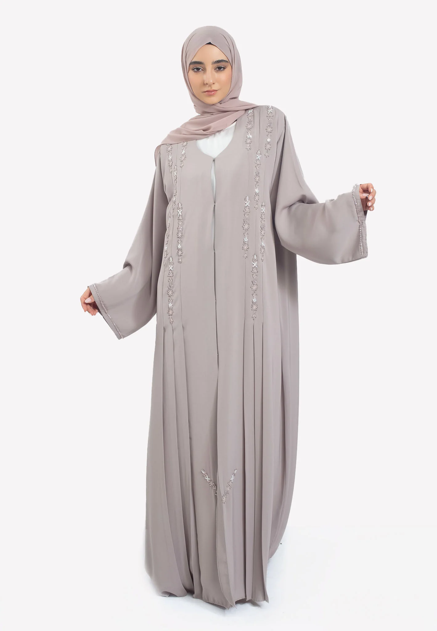 Premium Silvered Graphite Nida Embellished Abaya with Pleated Front - Hayah Al-Muslimah