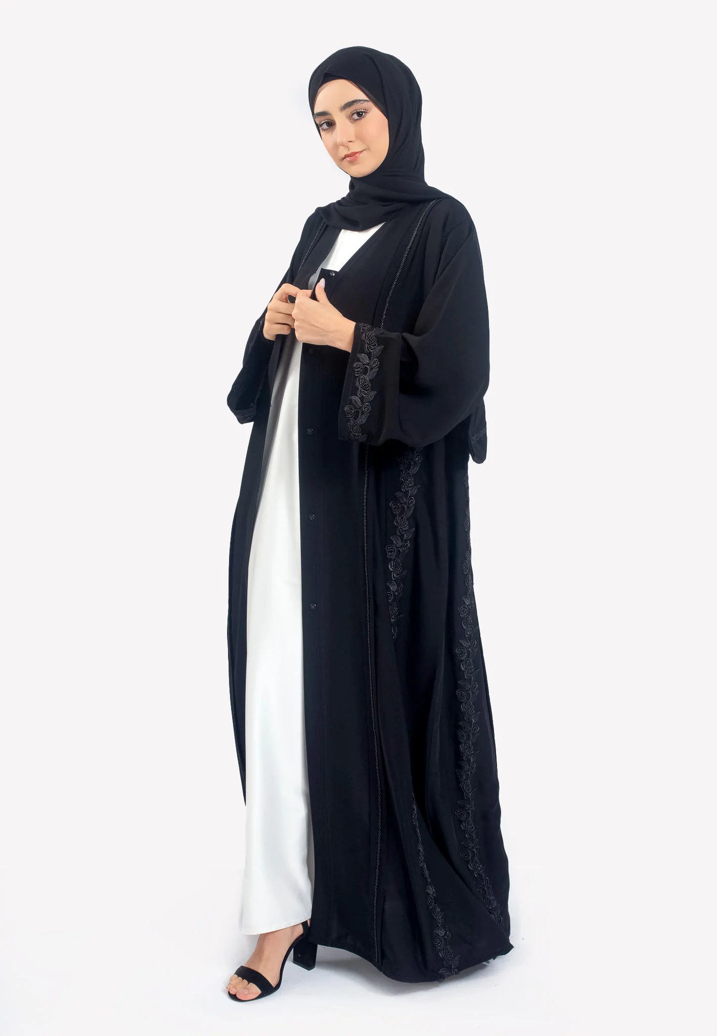 Premium Black on Black Open Abaya with Intricate Lace Detailing - Hayah Al-Muslimah