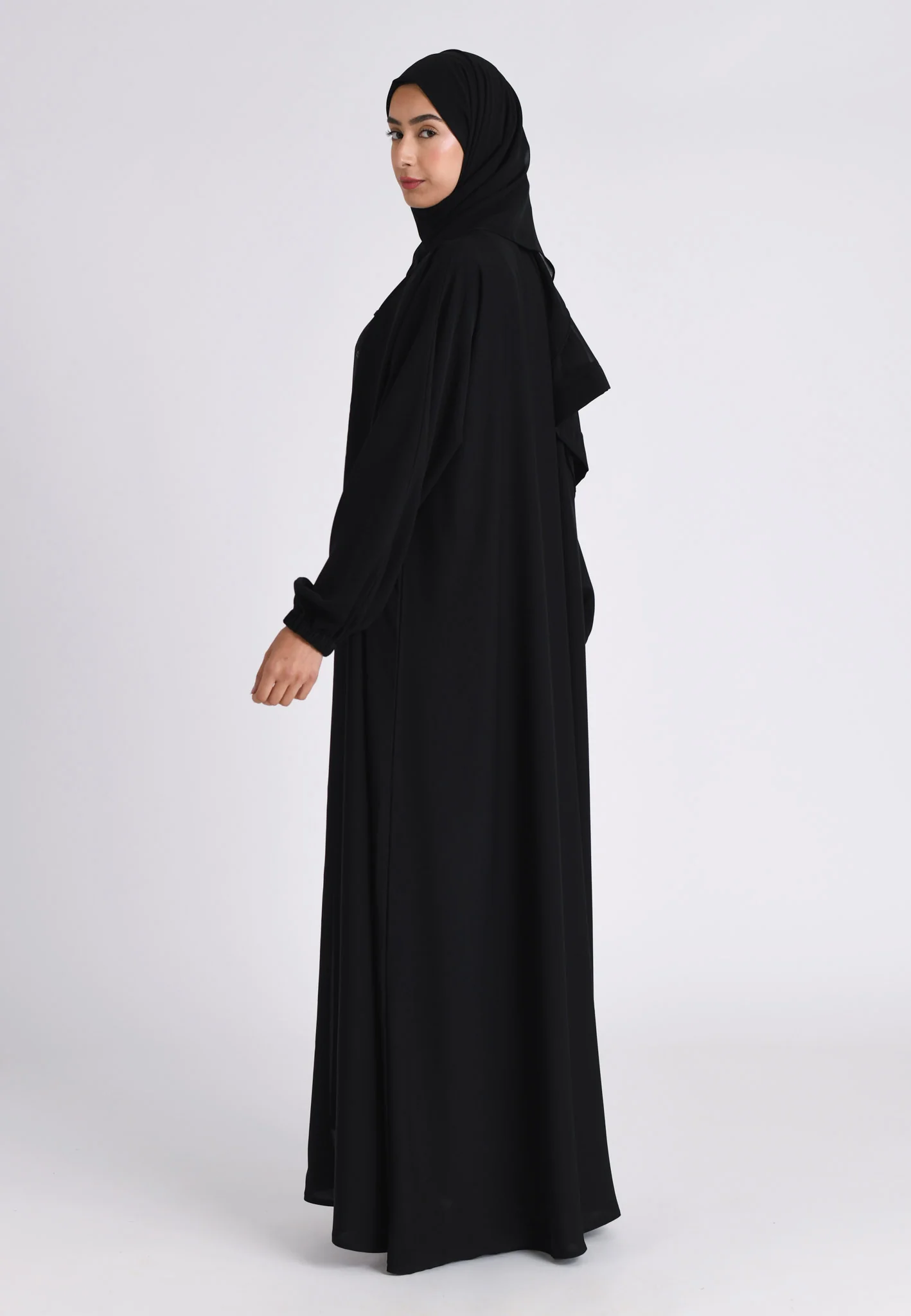 Plain Black Open Abaya With Elasticated Cuff Sleeves (Premium) - Hayah Al-Muslimah
