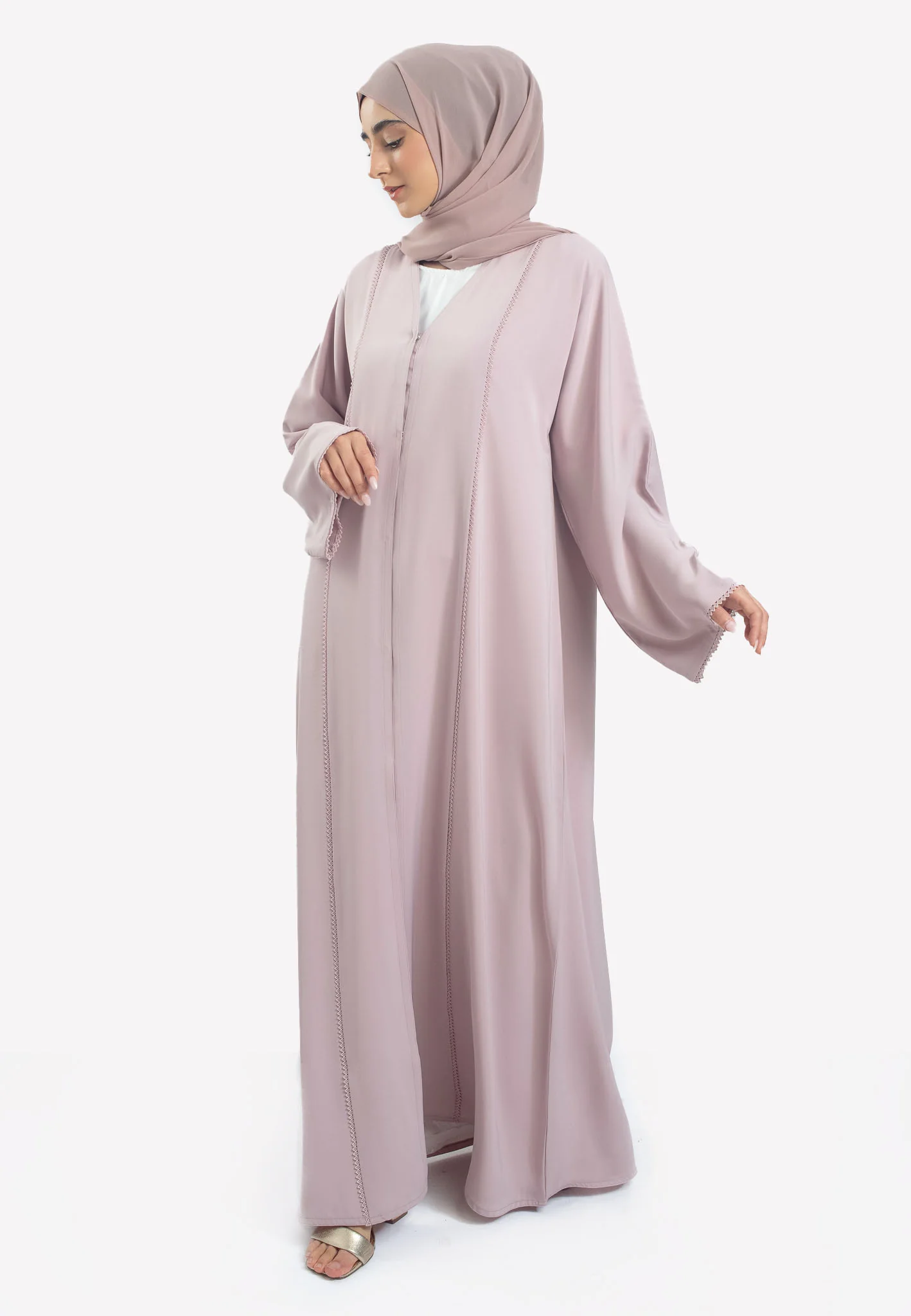 Premium Nude Open Abaya with Dainty Lace Detailing - Hayah Al-Muslimah