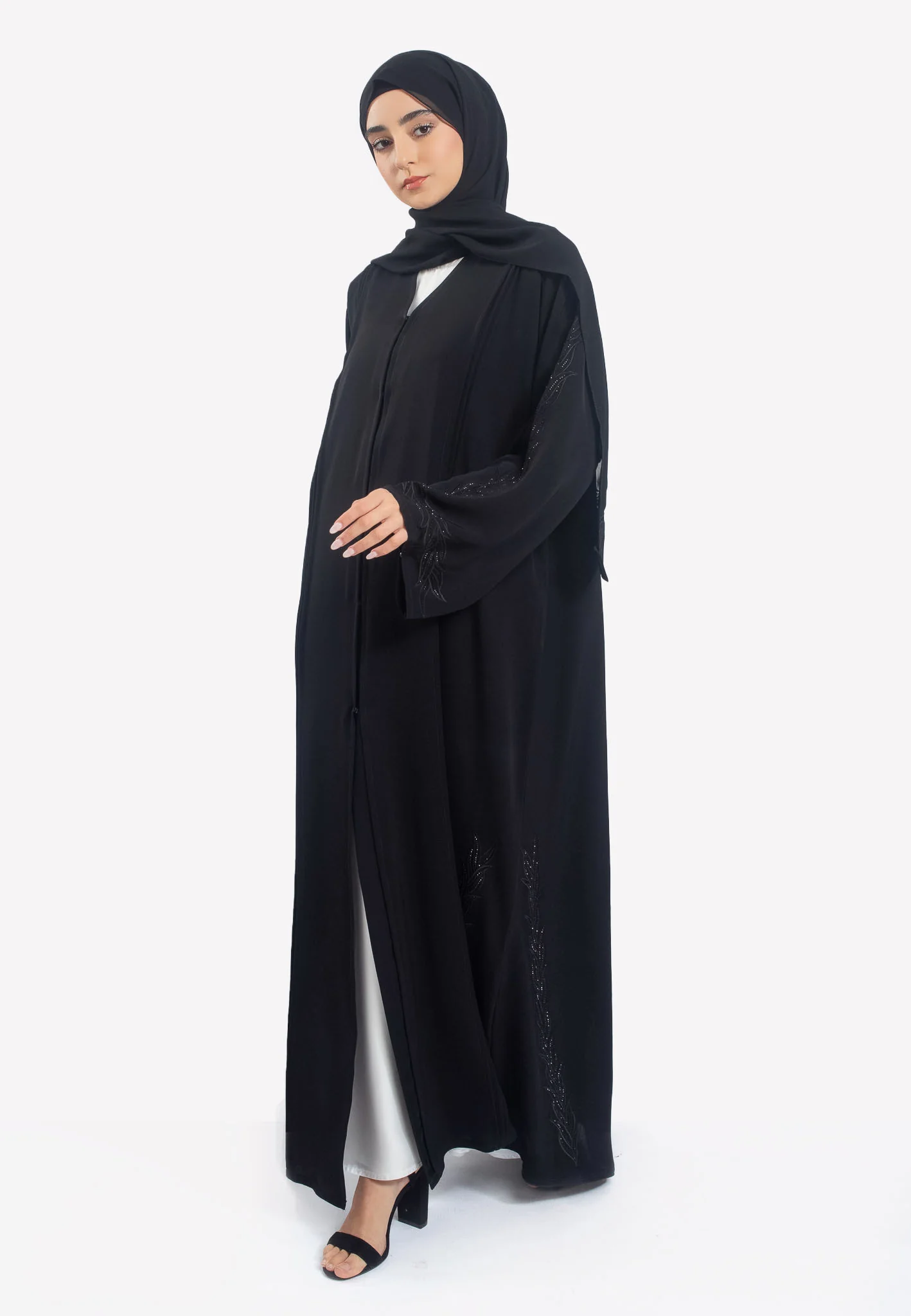 Premium Black on Black Embroidered Open Abaya - Hayah Al-Muslimah