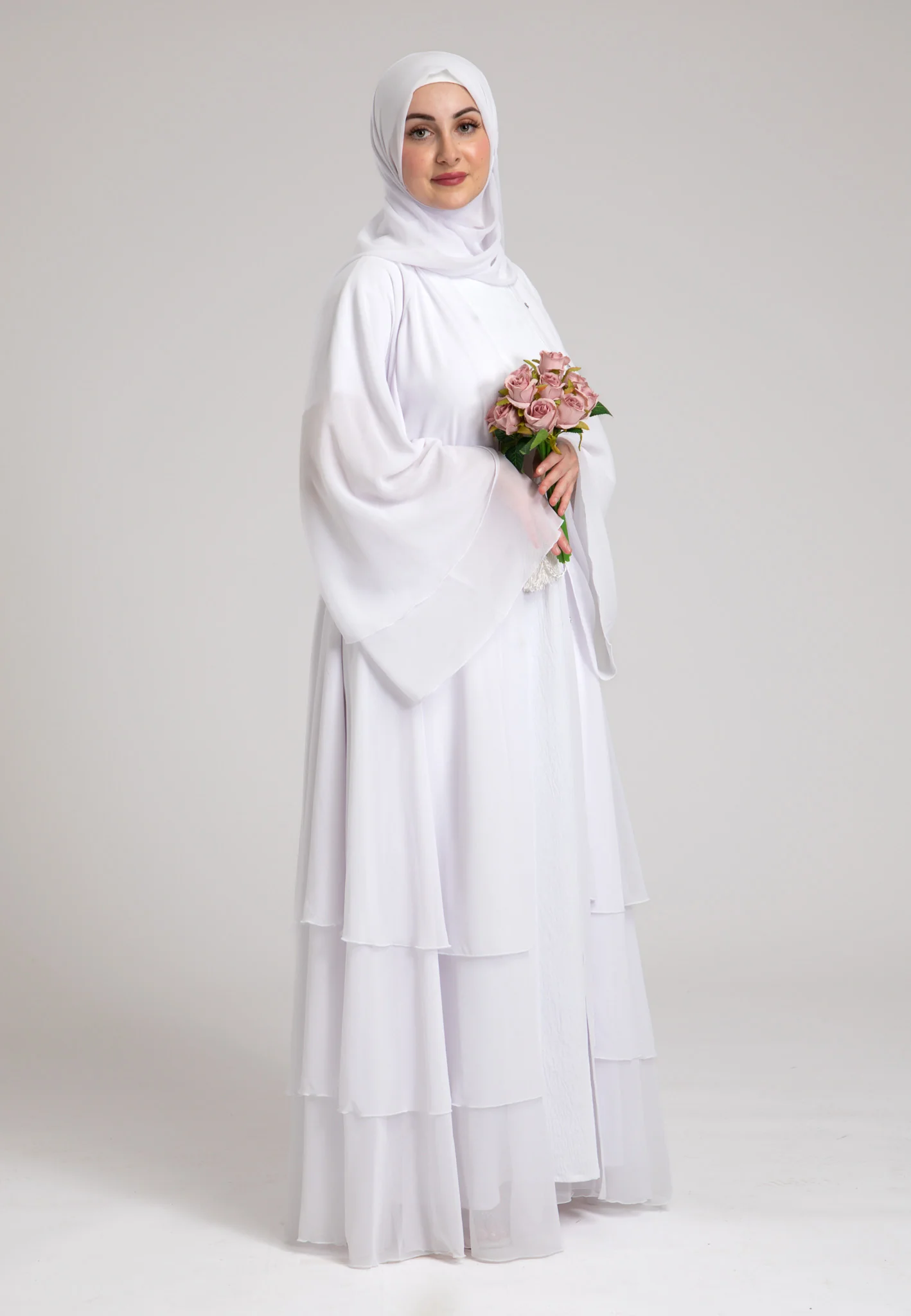 Ivory White 3 Layered Open Abaya With Inner Dress - Hayah Al-Muslimah
