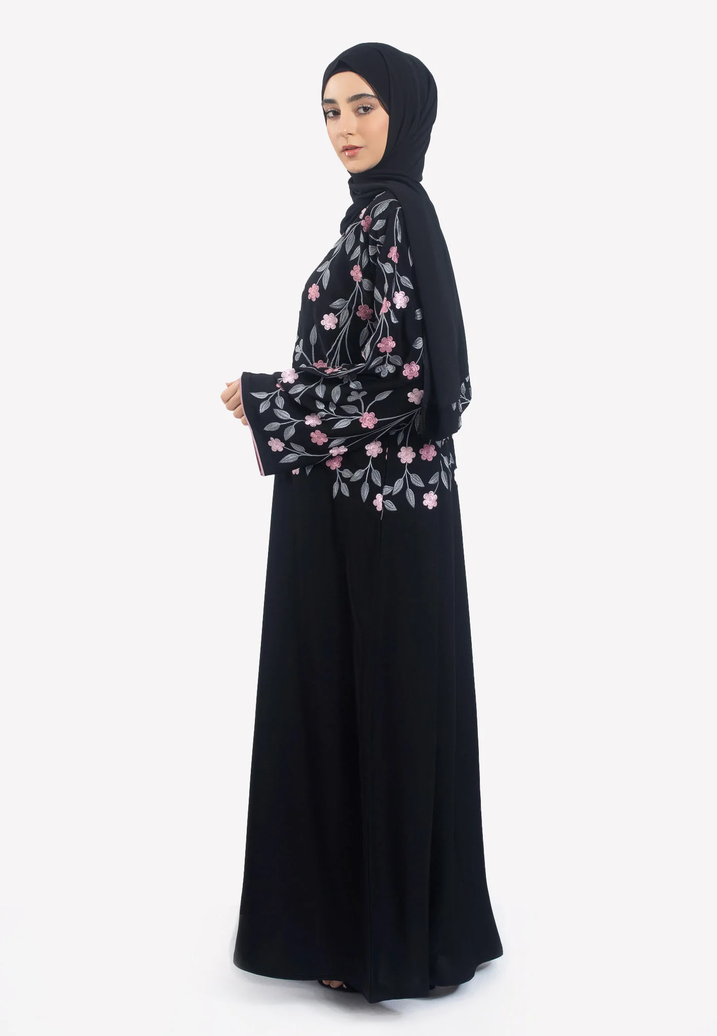 Premium Midnight Bloom Floral Embroidered Open Abaya - Hayah Al-Muslimah